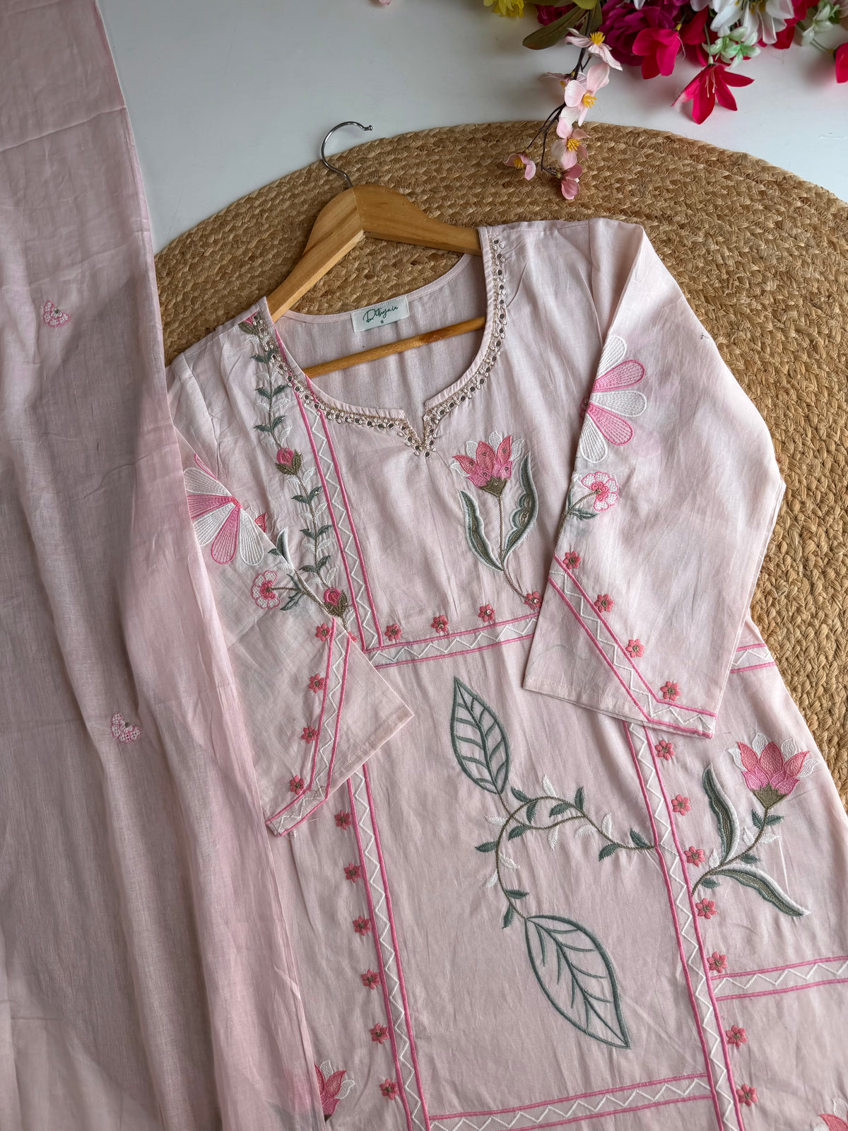 K296 - Mul cotton floral embroidered straight Kurti with pants and dupatta