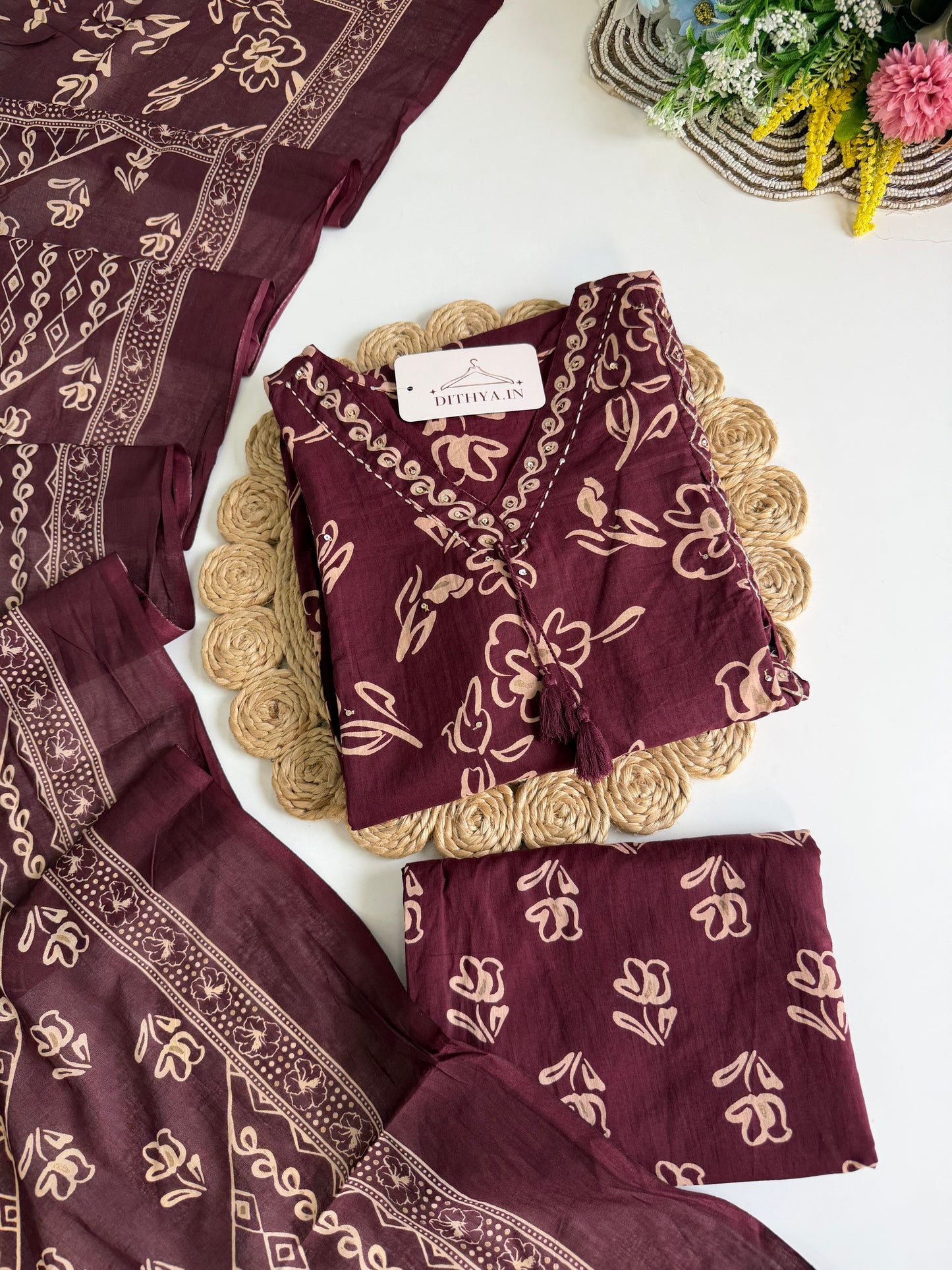 K647 - Mul cotton embroidered Aline Kurti with pants and dupatta