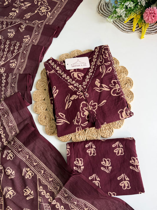 K647 - Mul cotton embroidered Aline Kurti with pants and dupatta