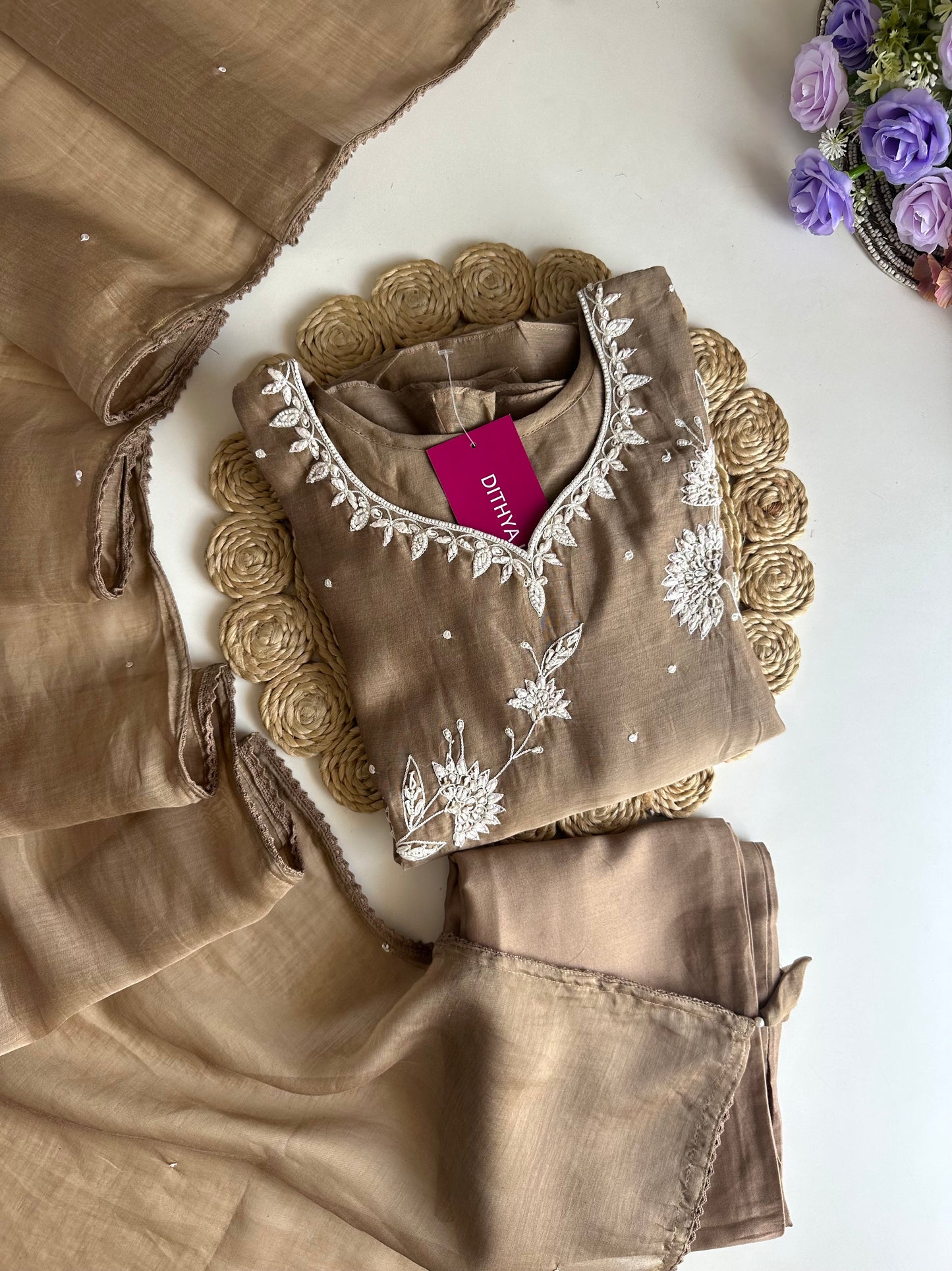 K079 - Mul Chanderi Handwork Aline Kurti with pants and dupatta
