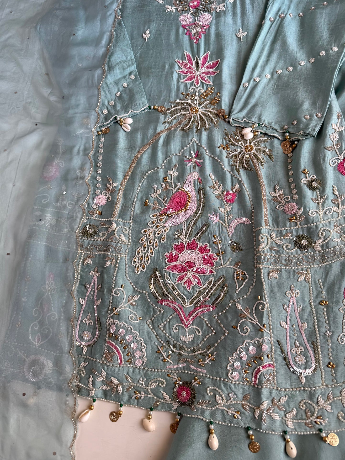 K333 - Russian silk handwork short Kurti with divider pants and dupatta