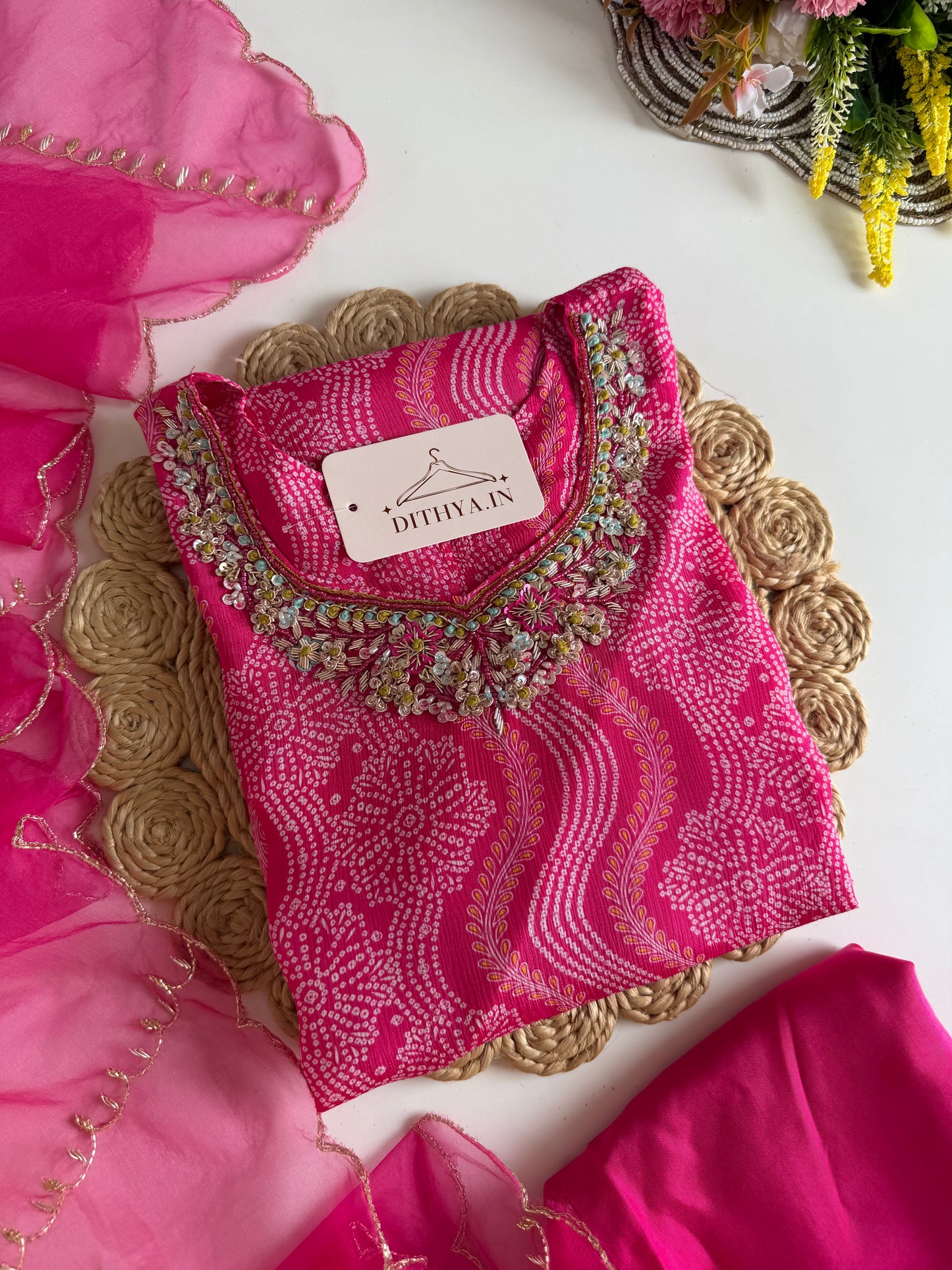 K063 - Pure Chinnon Bandhini handwork aline Kurti with pants and dupatta