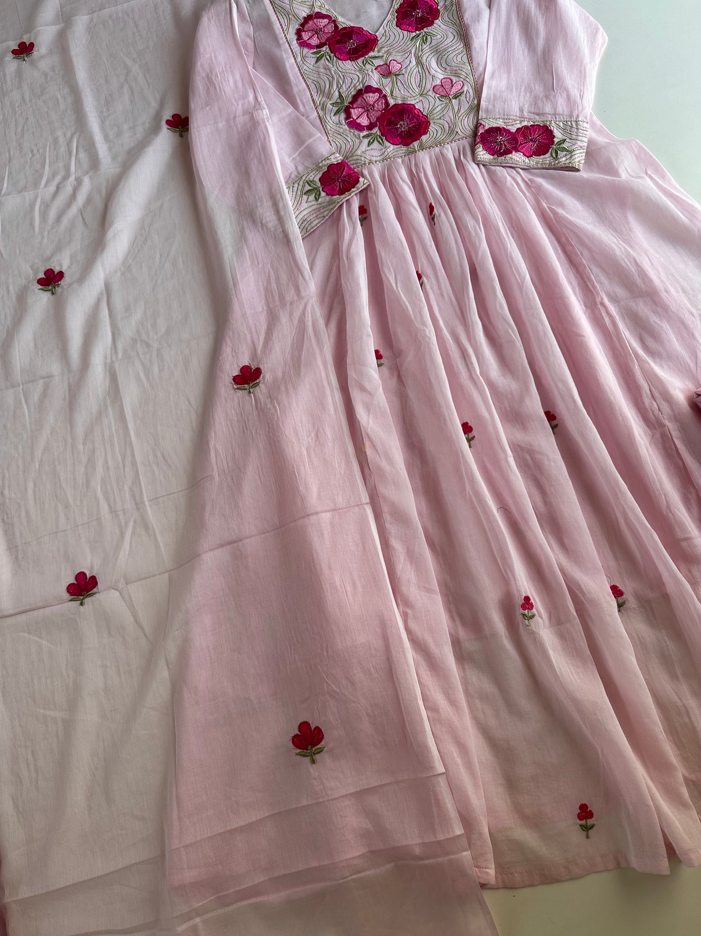 K606 - Mul cotton embroidered Anarkali with pants and dupatta
