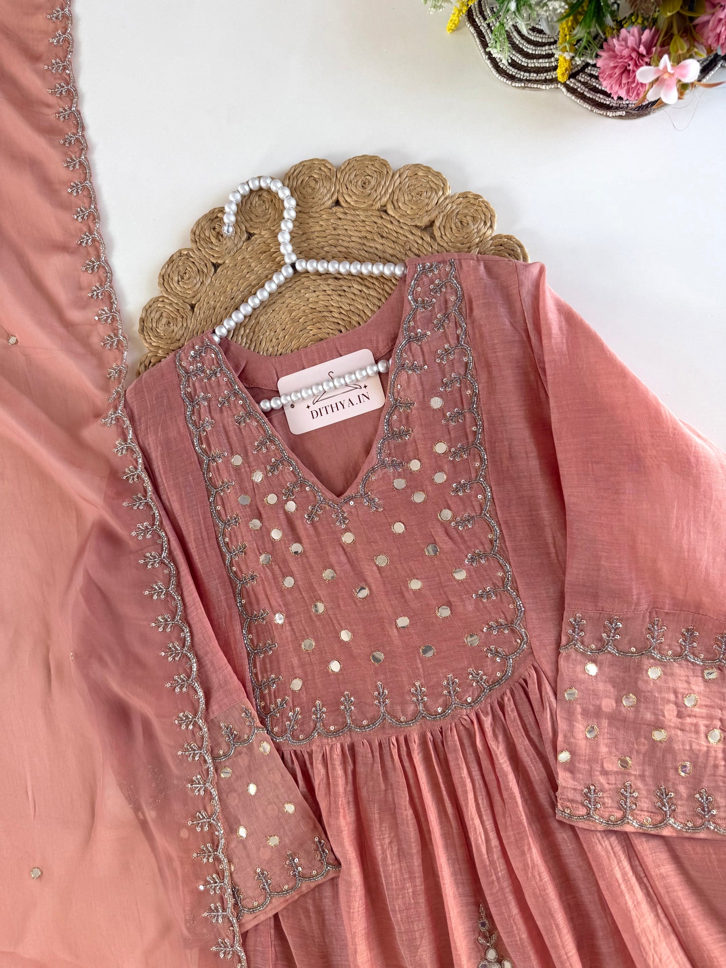 K626 - Mul chanderi handwork Anarkali with pants and dupatta