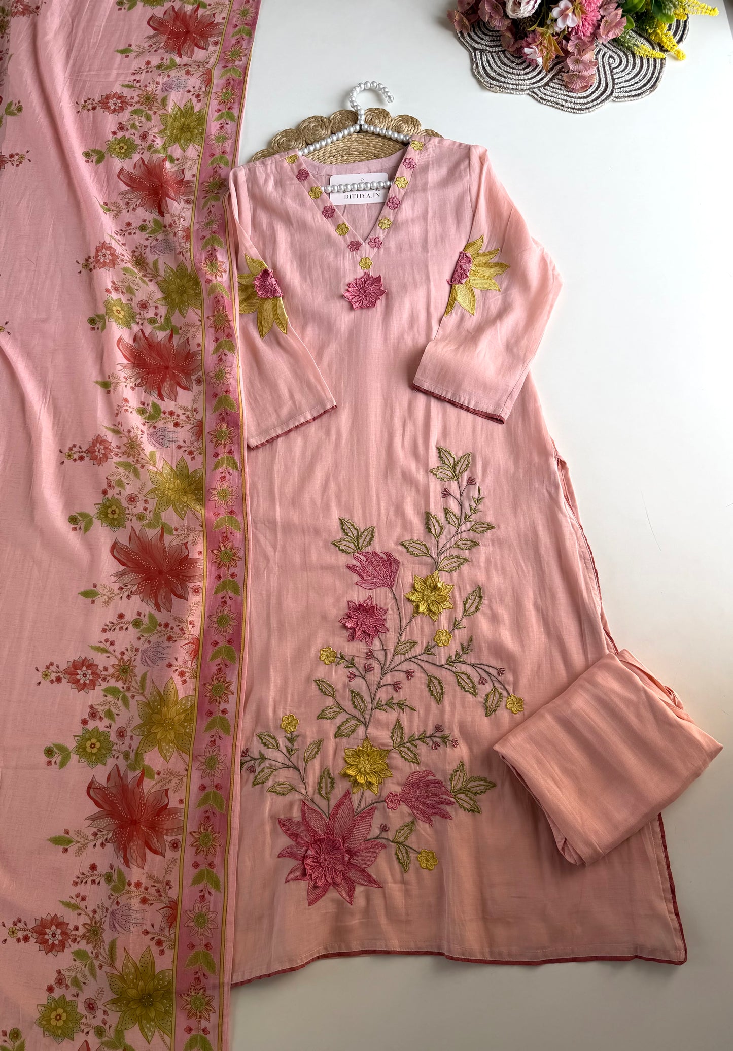 K227 - Mul cotton embroidered Aline Kurti with pants and dupatta