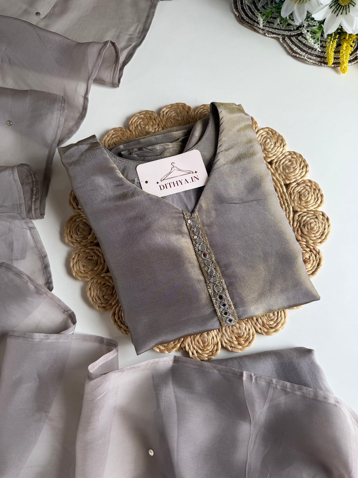 K121 - Tissue silk mirror work Anarkali with pants and dupatta