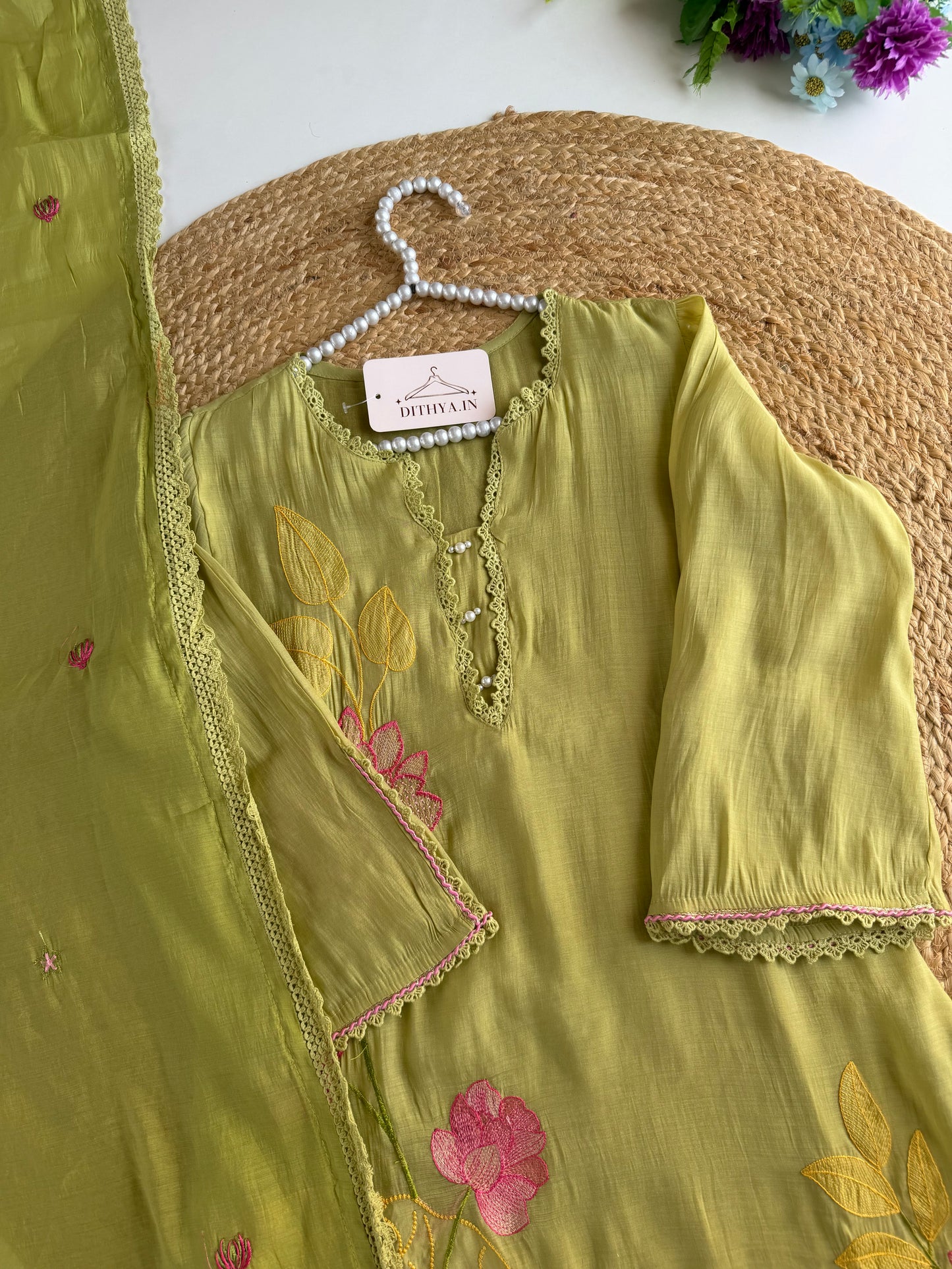K345 - Muslin silk embroidered straight Kurti with pants and dupatta in 2 colours