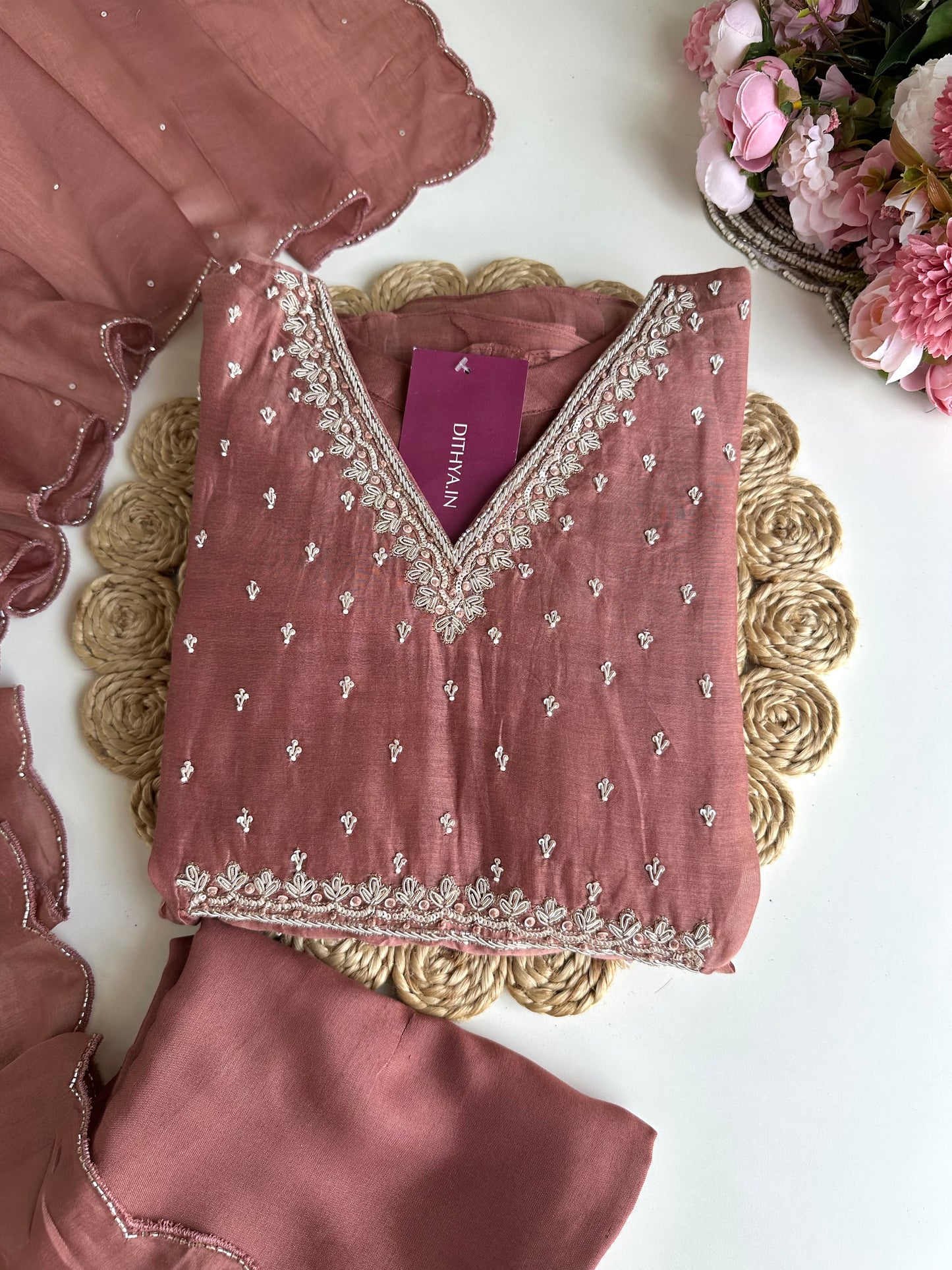 K092 - Mul Chanderi handwork Aline Kurti with pants and dupatta