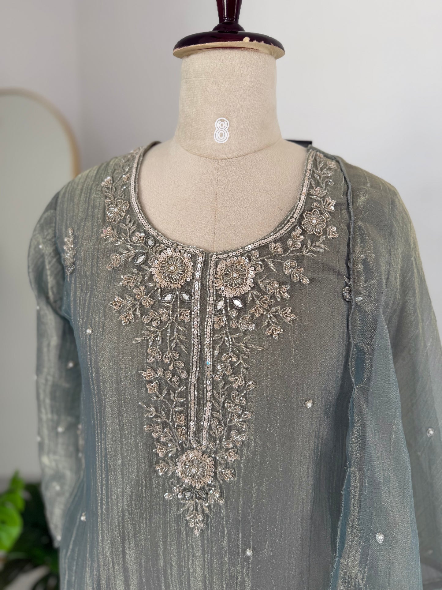 K712 - Glass crush tissue handwork Anarkali with pants and dupatta in 2 colours