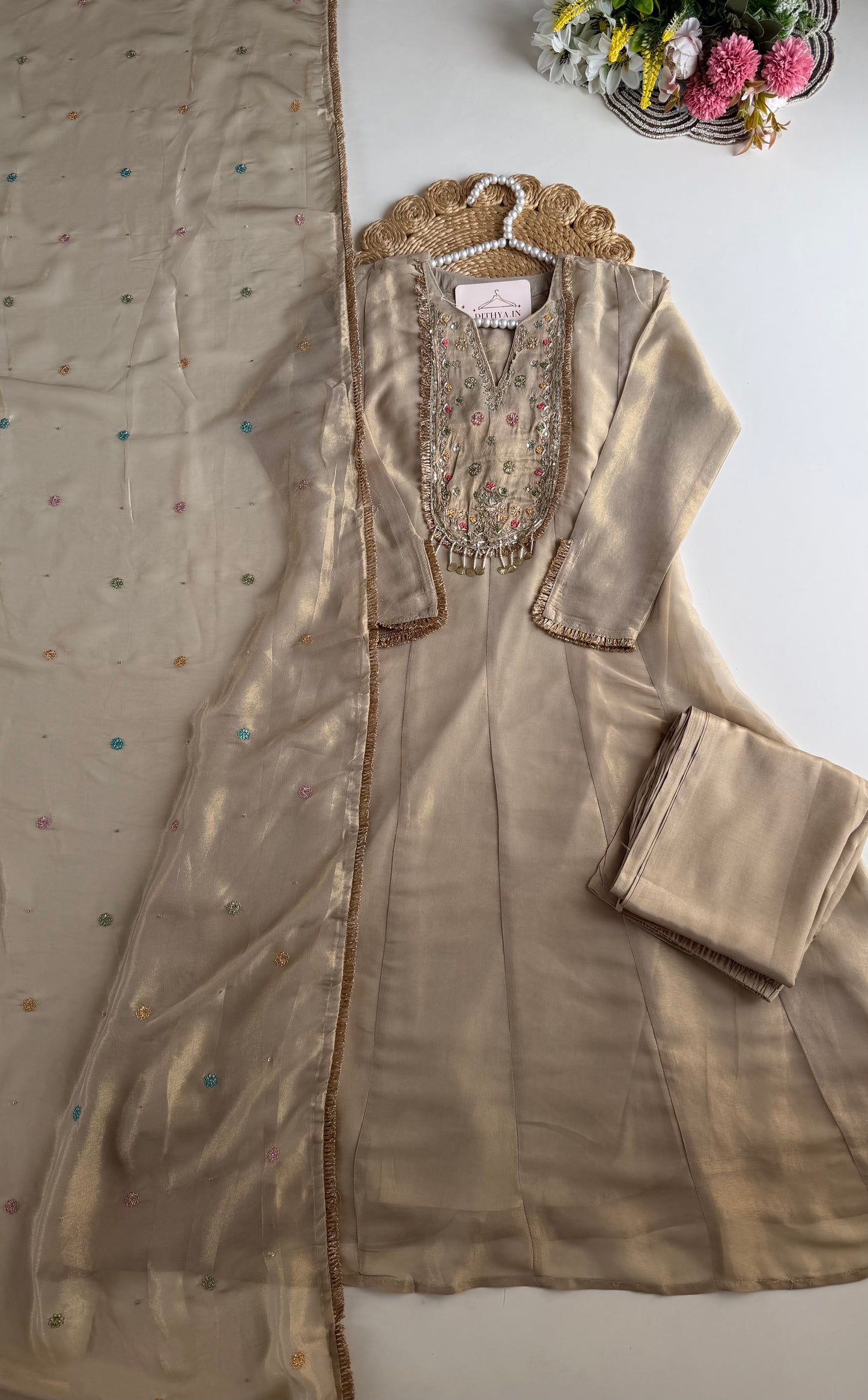 K607 - Tissue silk handwork aline Kurti with pants and dupatta