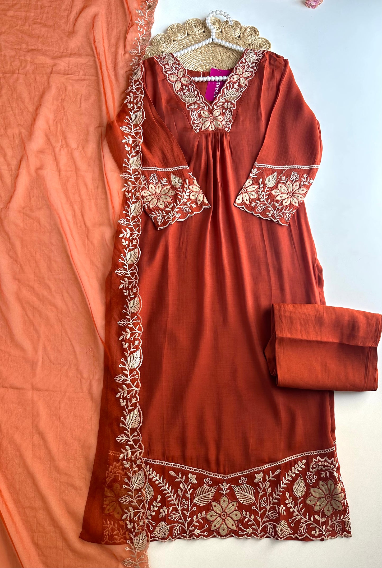 K110 - Roman silk Embroidered straight kurti with pants and dupatta