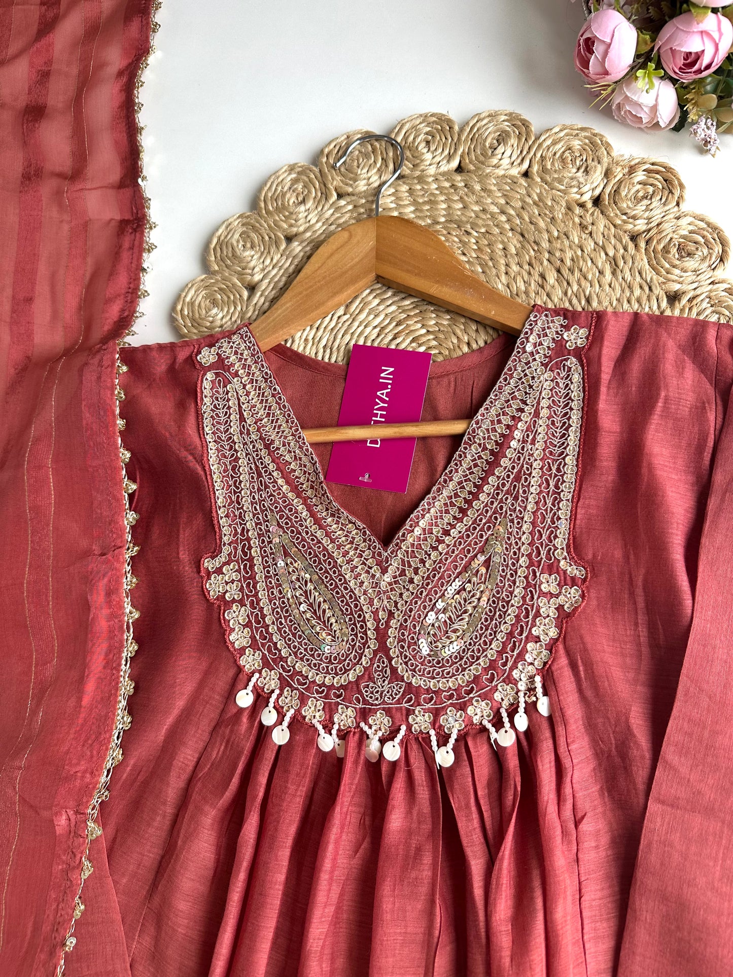 K093 - Mul Chanderi handwork Aline Kurti with pants and dupatta in 2 colours