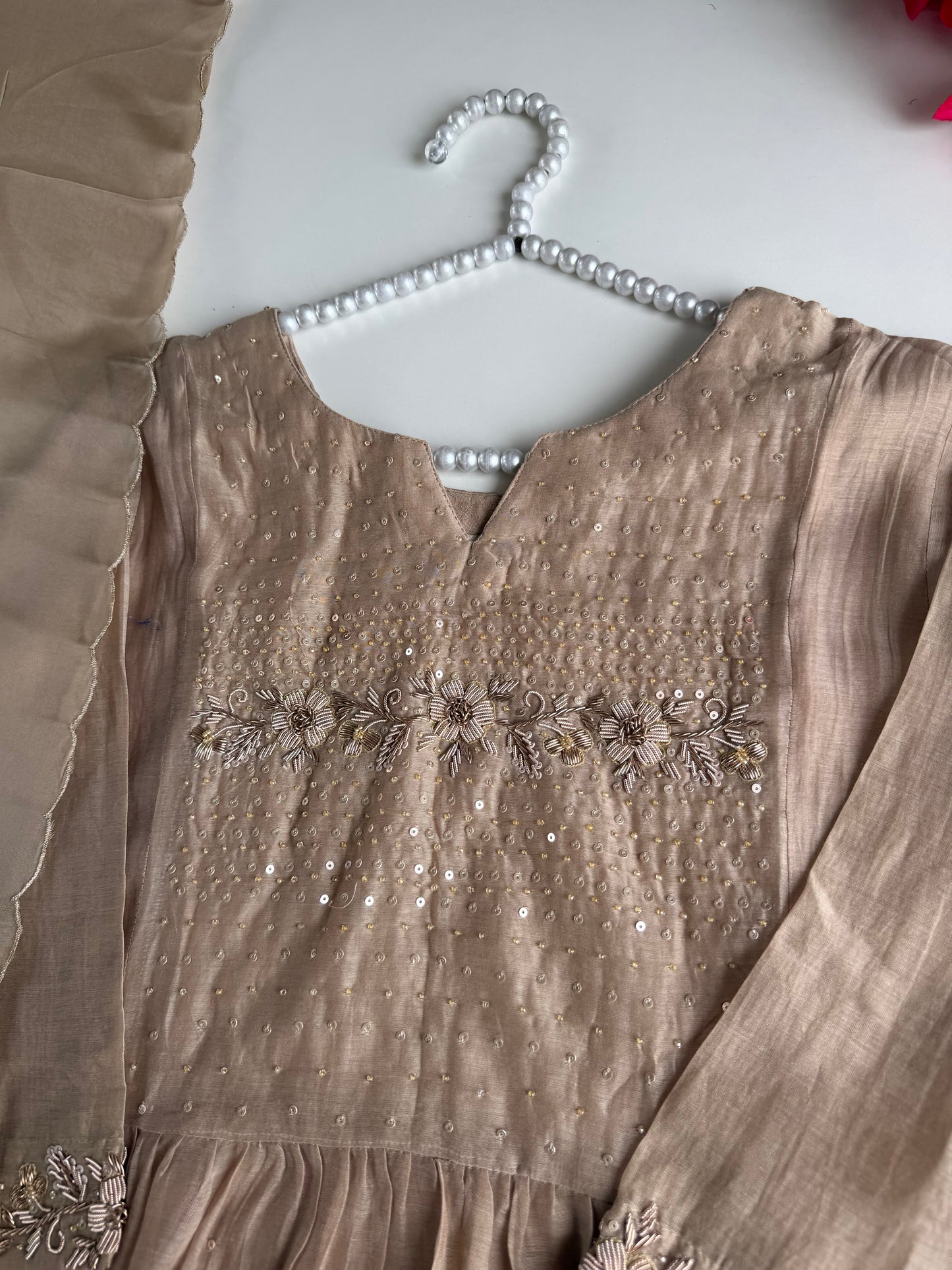 K398 - Mul chanderi zardosi work Anarkali with pants and dupatta