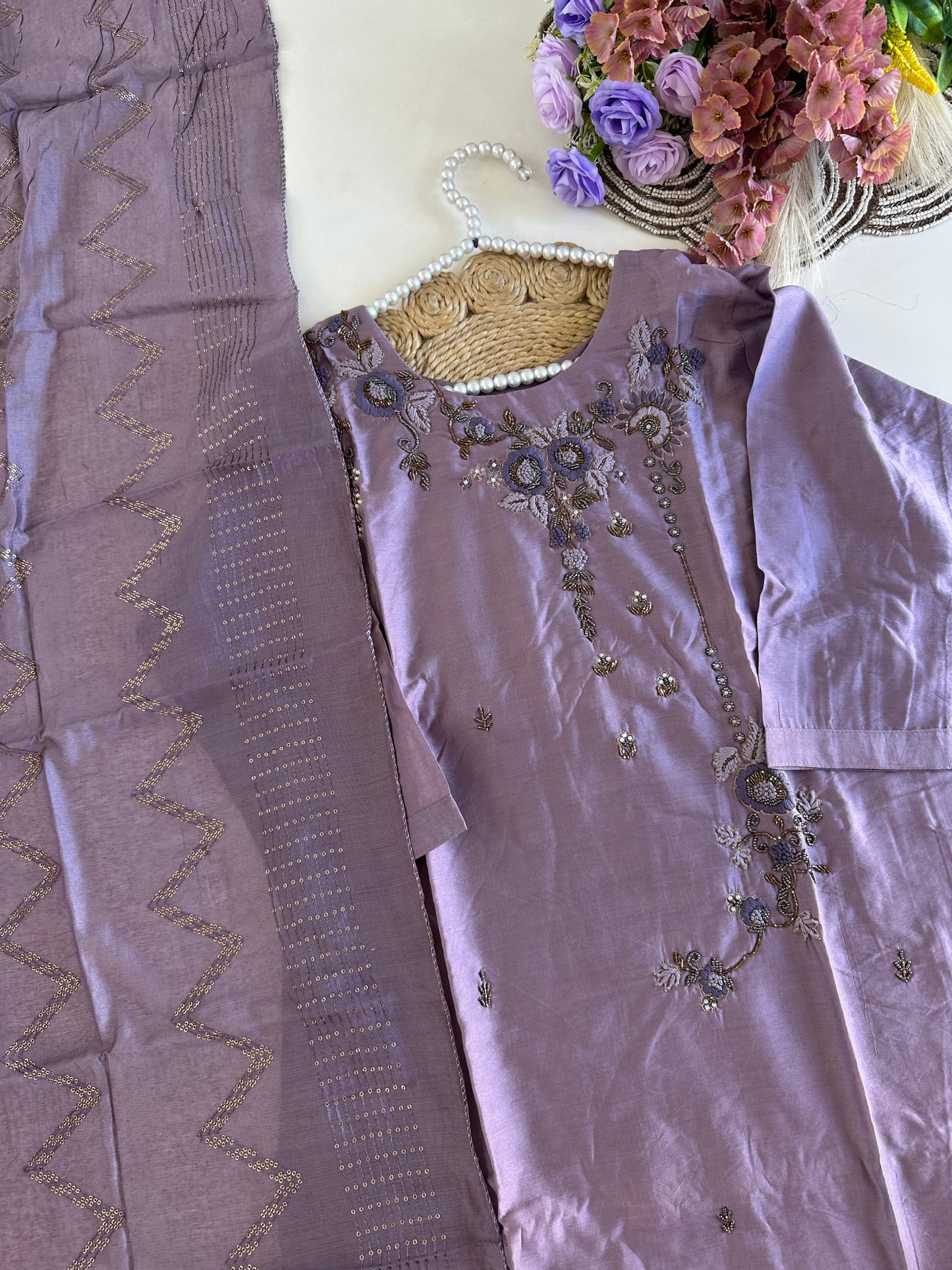 D398-Roman silk straight kurti with pants and dupatta