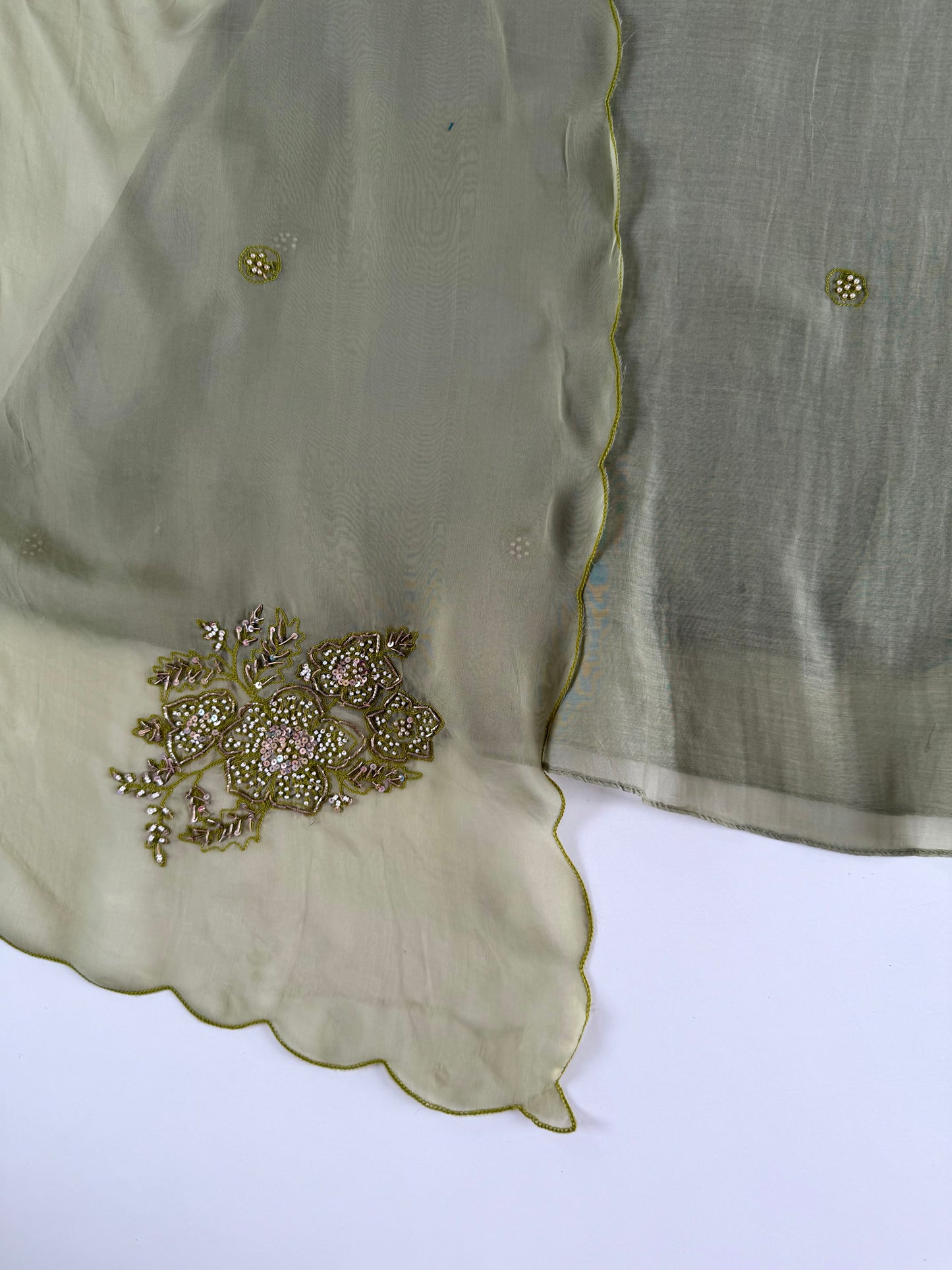 K502 - Mul chanderi handwork aline Kurti with pants and dupatta