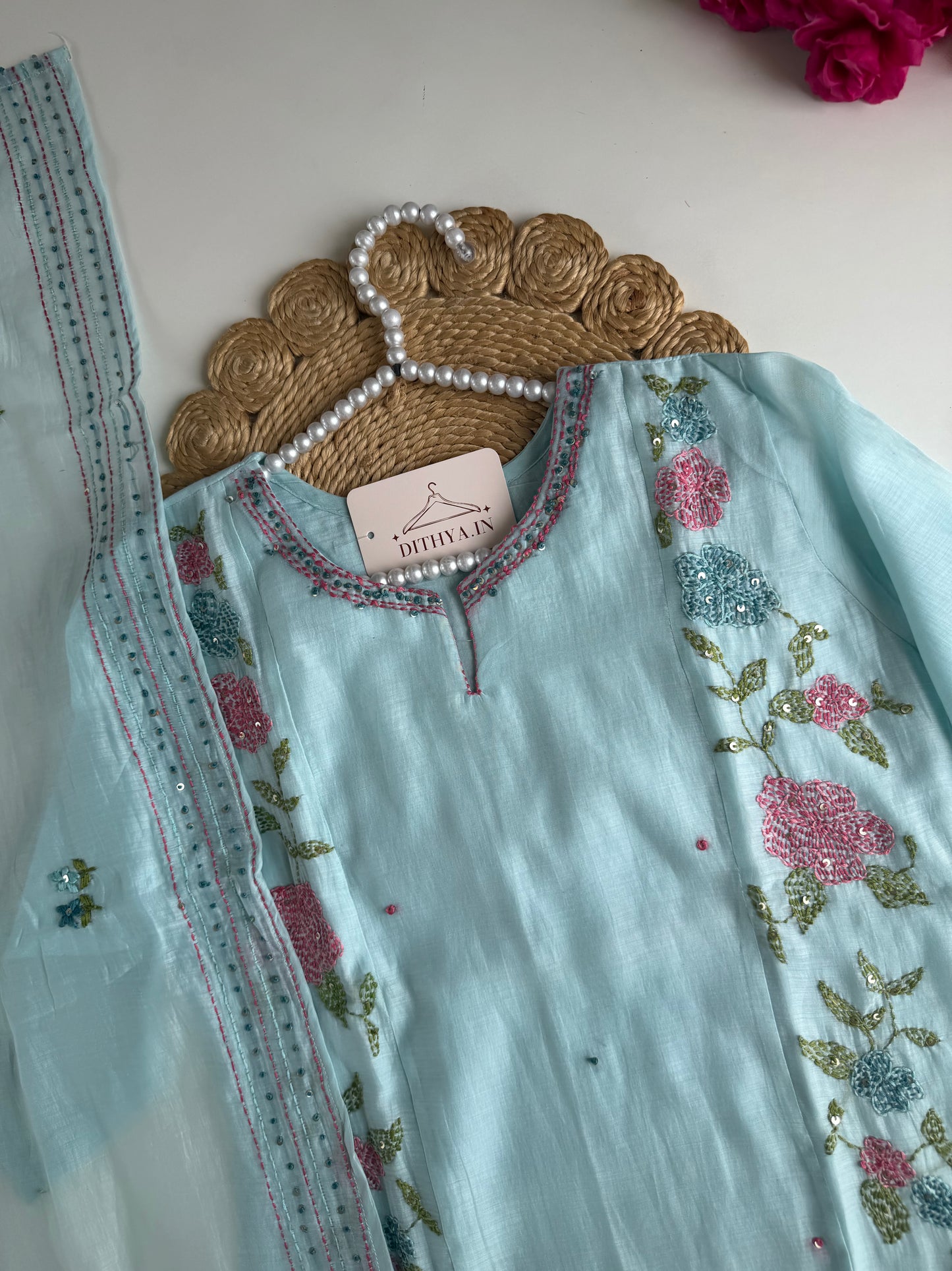 K723 - Mul chanderi embroidered straight Kurti with pants and dupatta