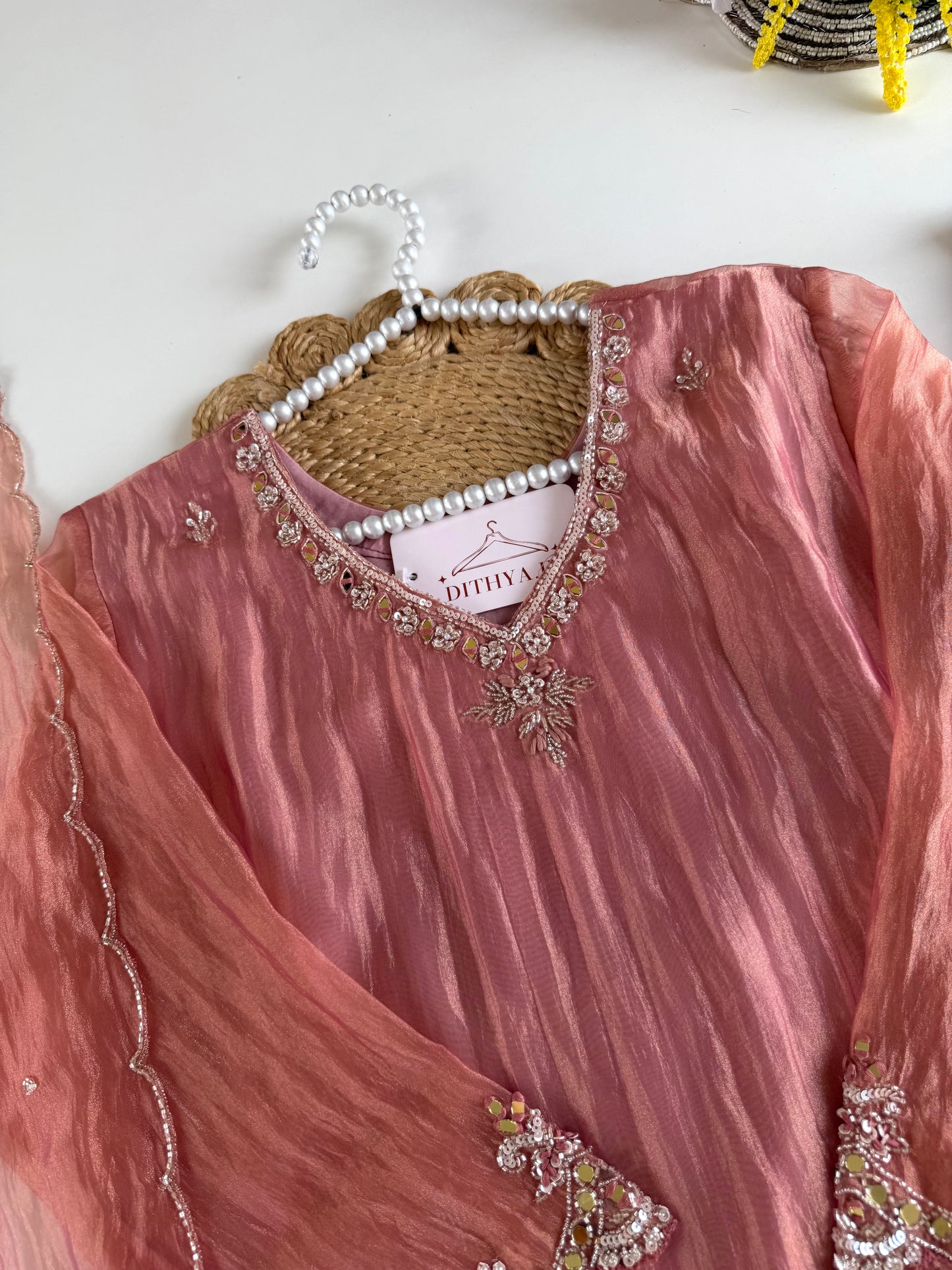 K500 - Glass tissue silk handwork short Kurti with divider pants and dupatta