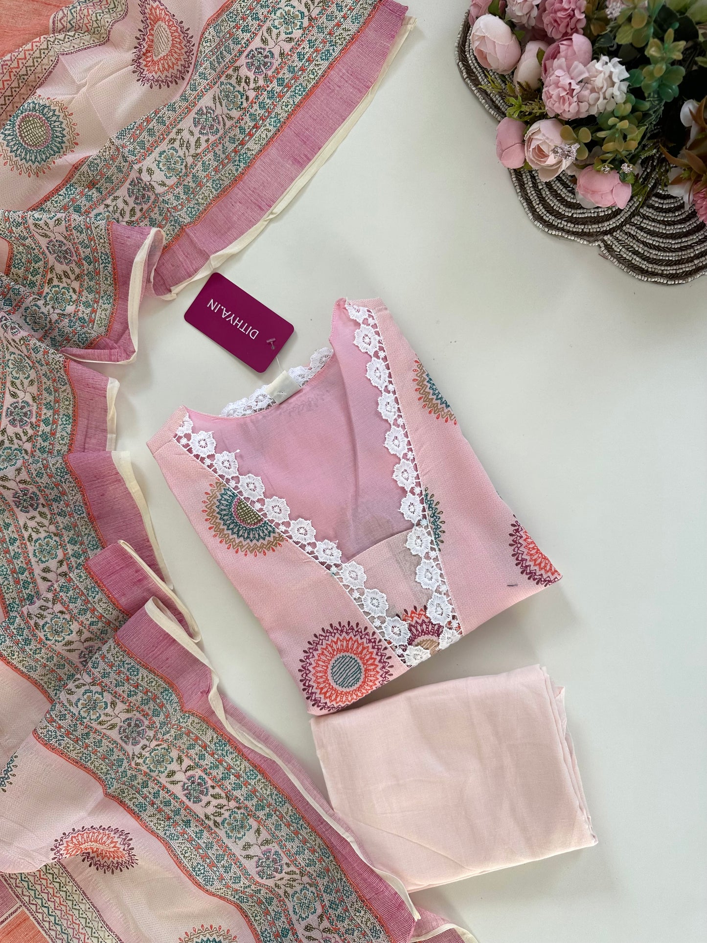 K420 - Cotton embroidered straight Kurti with pants and dupatta in 2 colours