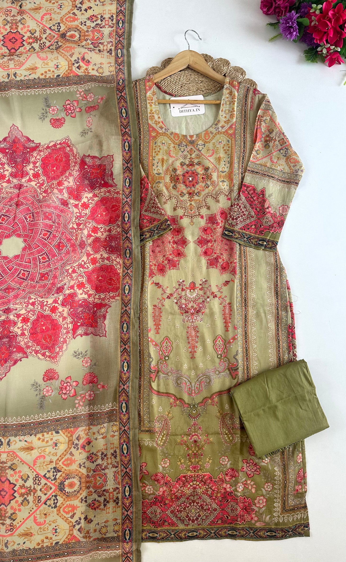 K463 - Mul cotton printed straight Kurti with pants and dupatta