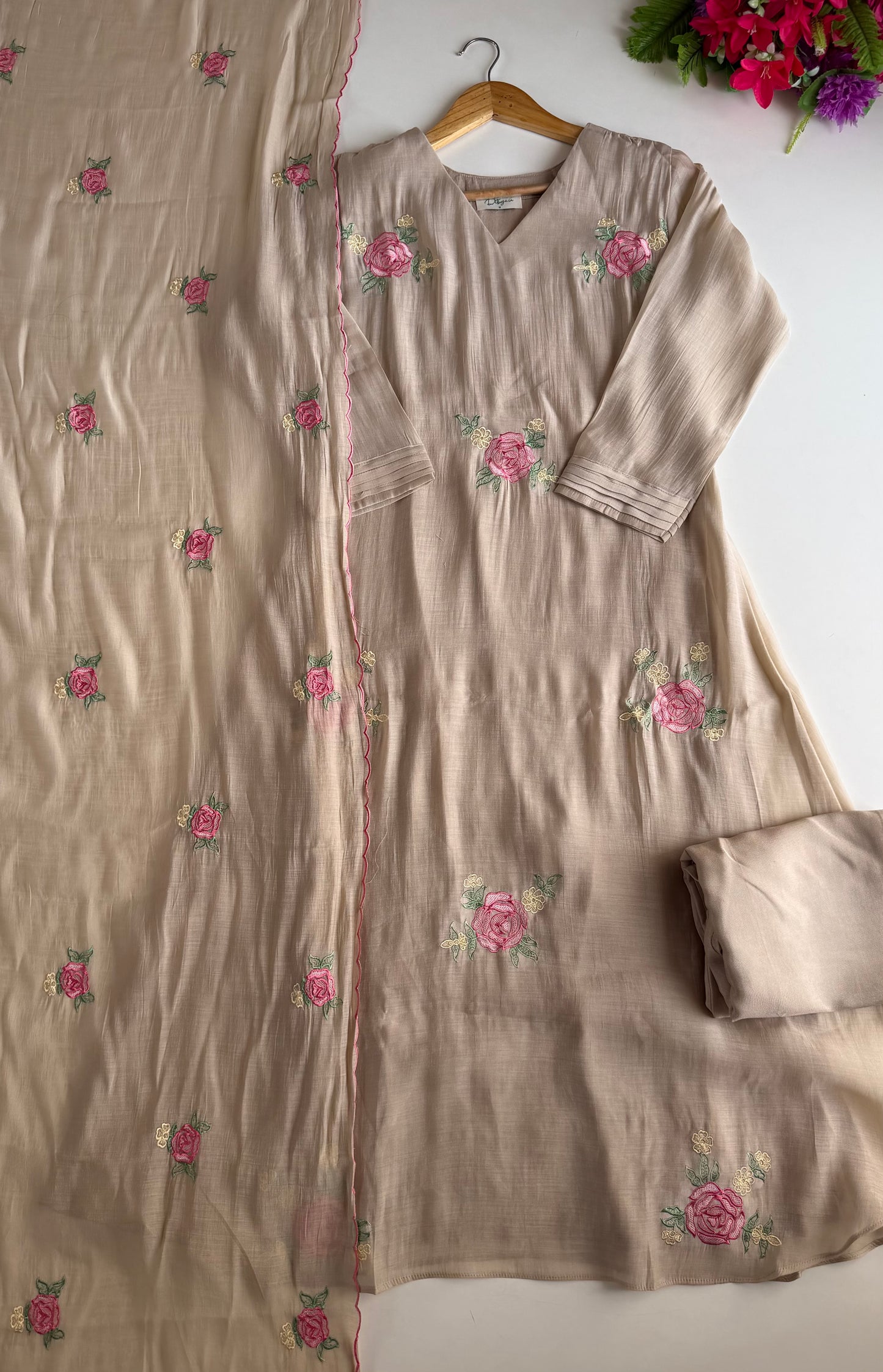K429 - Surat Mul chanderi embroidered Aline Kurti with pants and dupatta