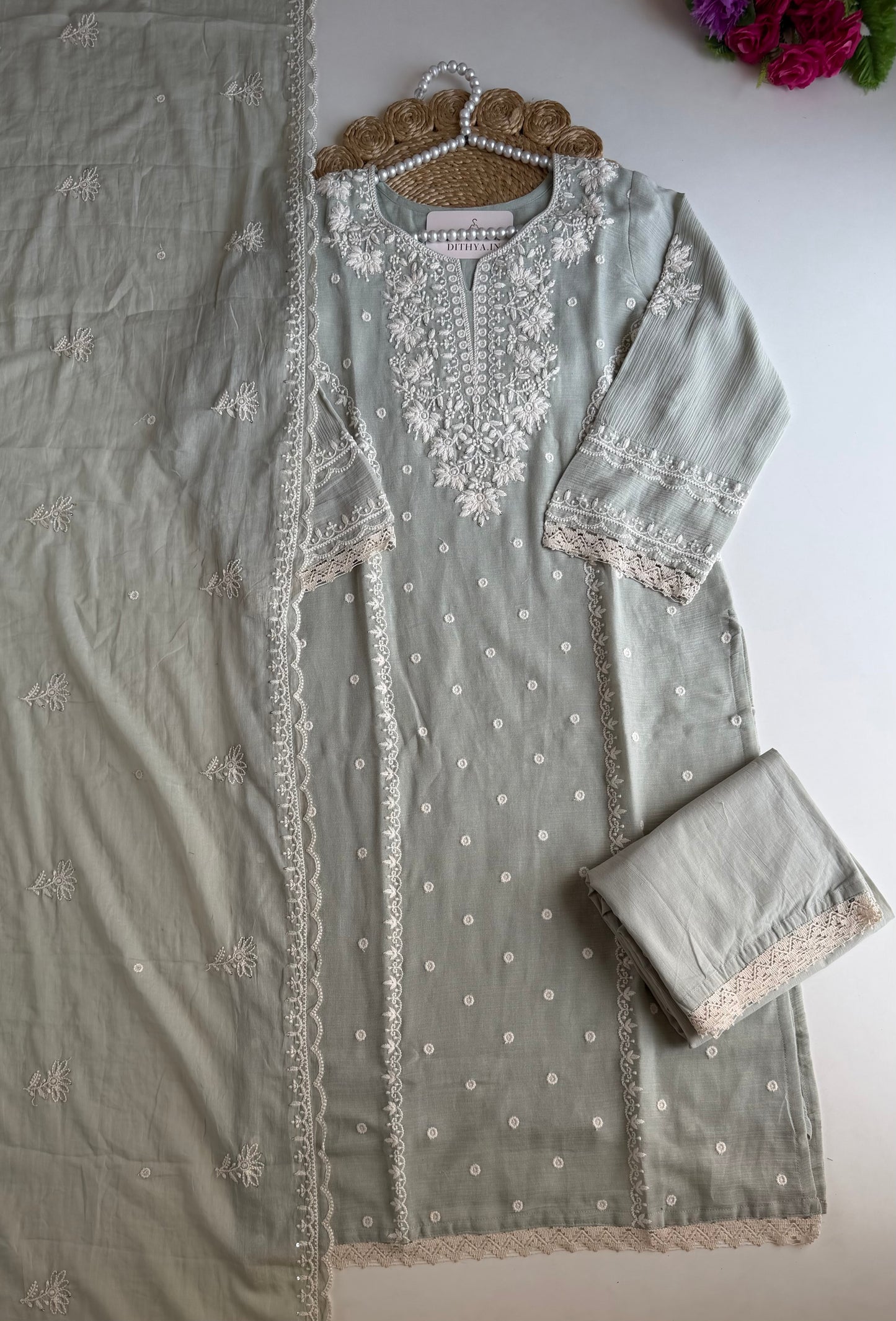 K698 - Crushed mul chanderi embroidered straight Kurti with pants and dupatta