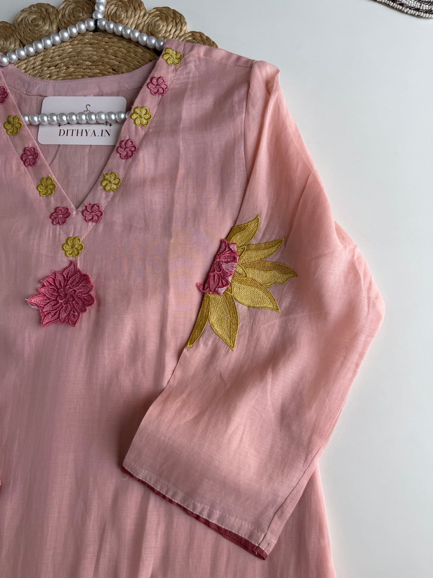 K227 - Mul cotton embroidered Aline Kurti with pants and dupatta