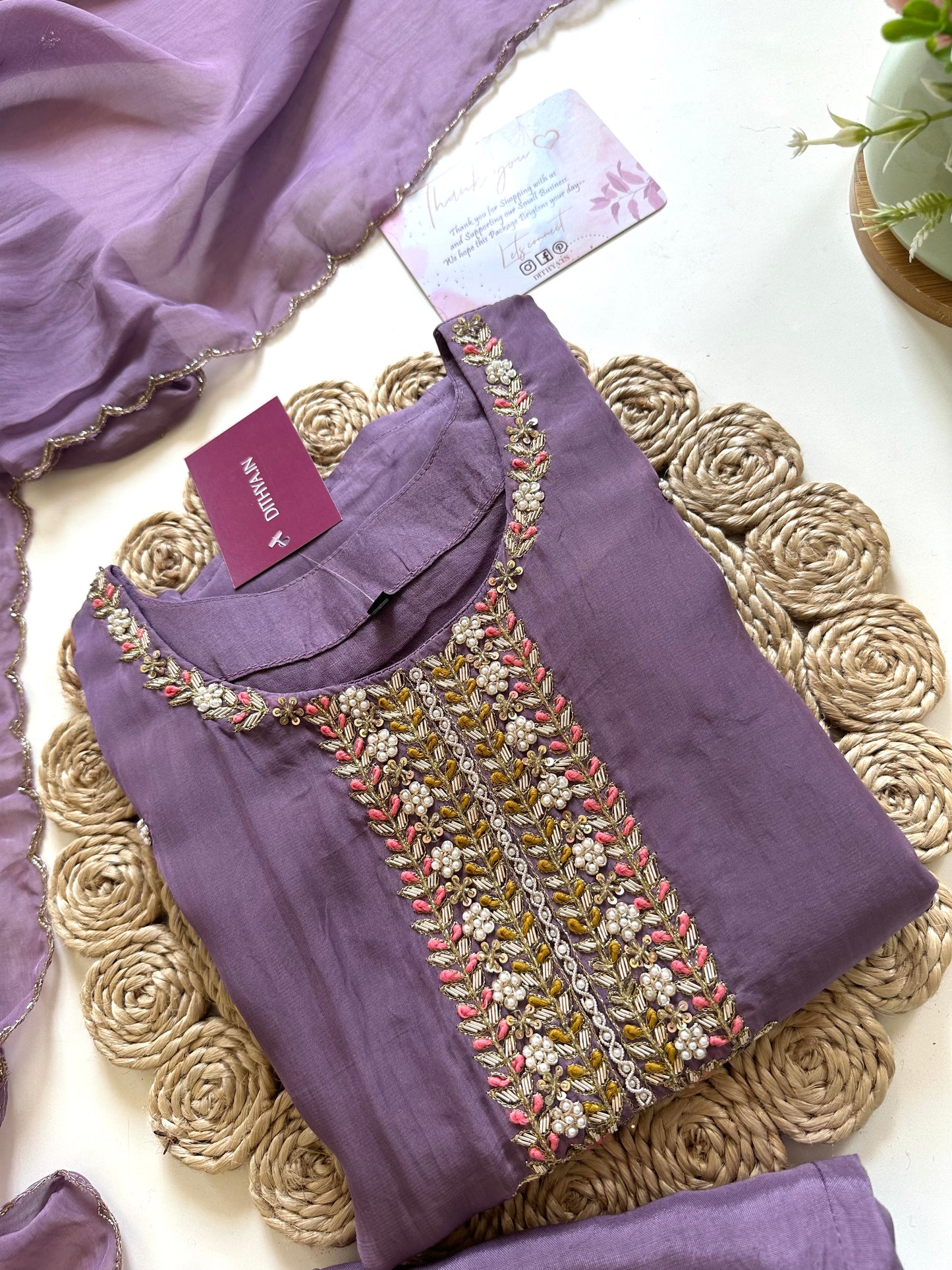 K075 - Chinnon Handwork Straight kurti with pants and dupatta .