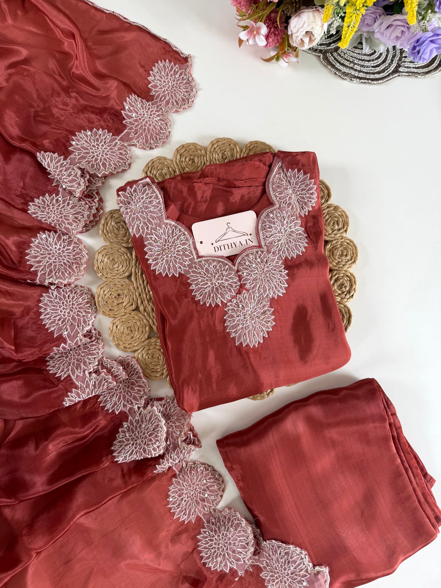 K467 - Pure Ho silk handwork aline Kurti with pants and dupatta