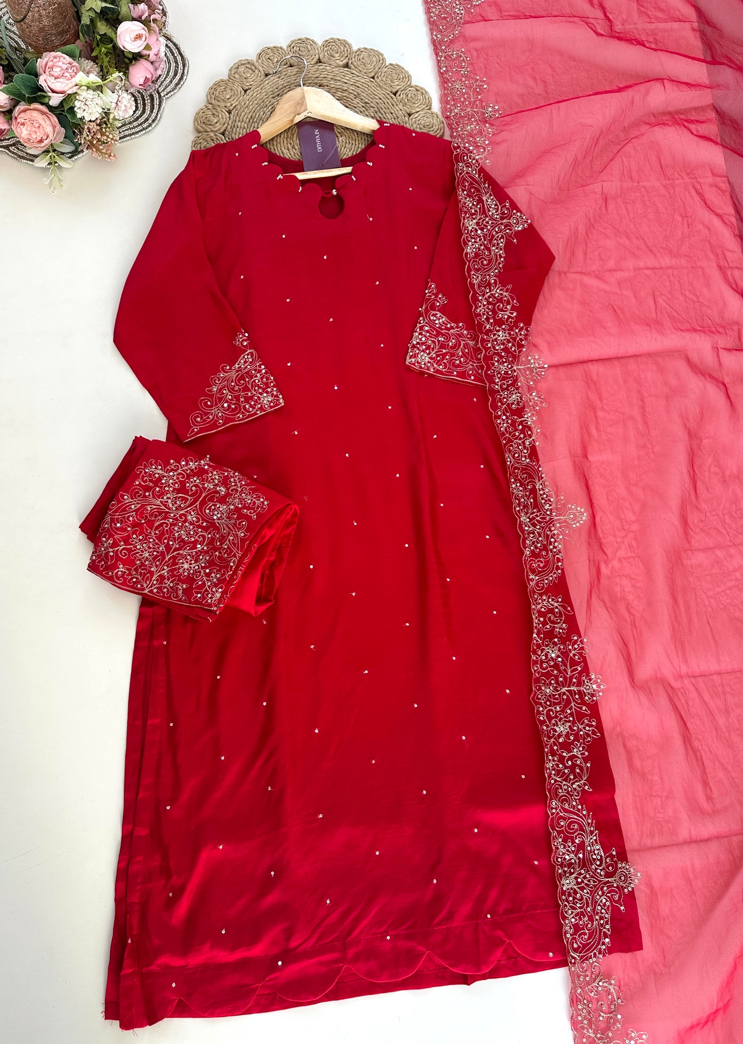 K297 - Russian silk Zari work Straight kurti with pants and dupatta in 2 colours.