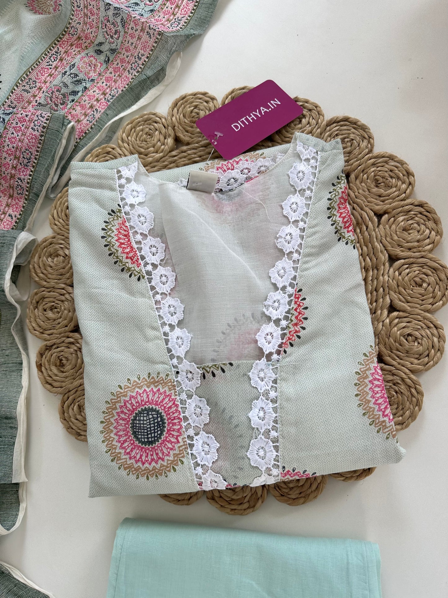 K420 - Cotton embroidered straight Kurti with pants and dupatta in 2 colours