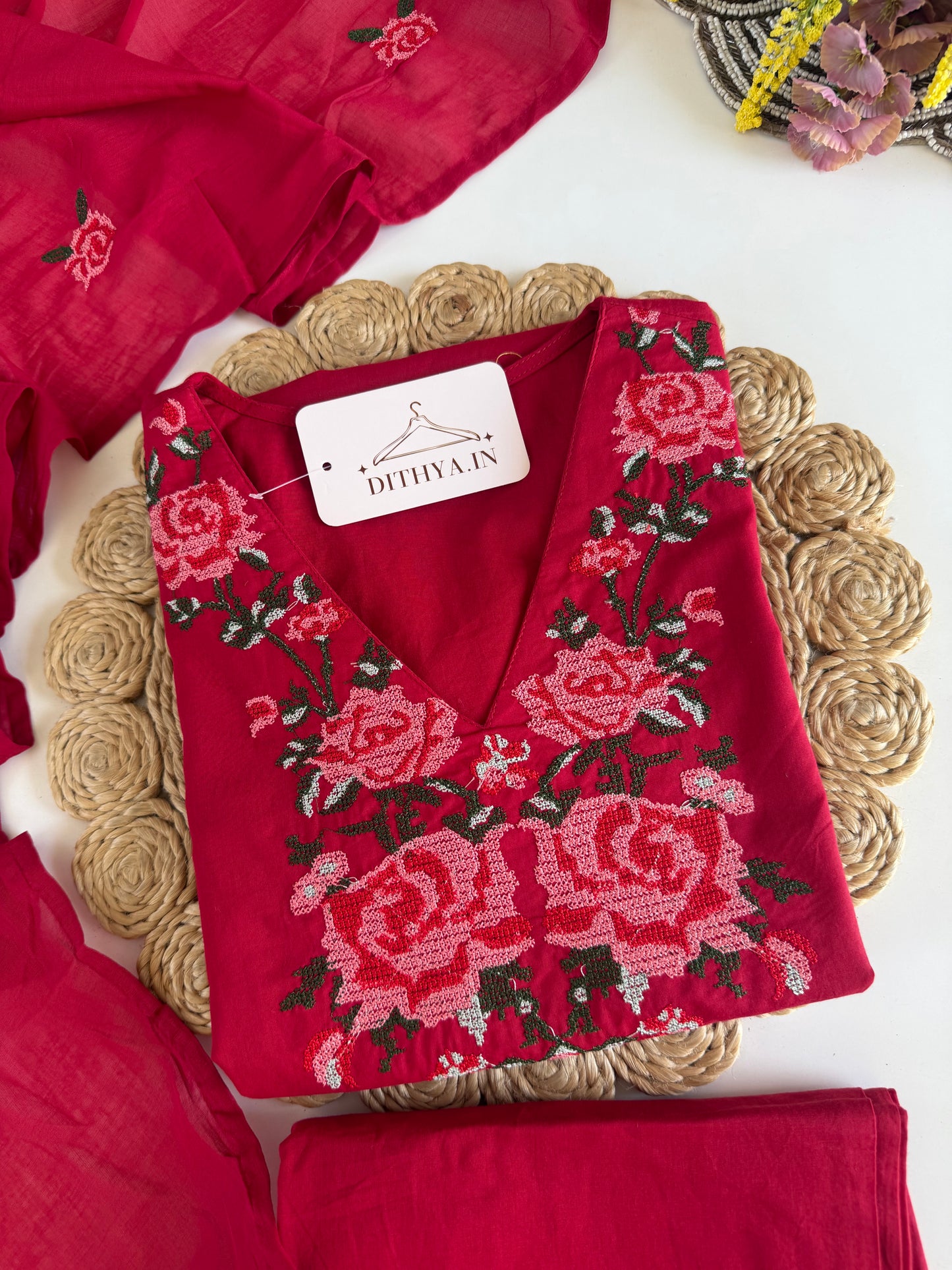 K270 - Mul cotton embroidered straight Kurti with pants and dupatta