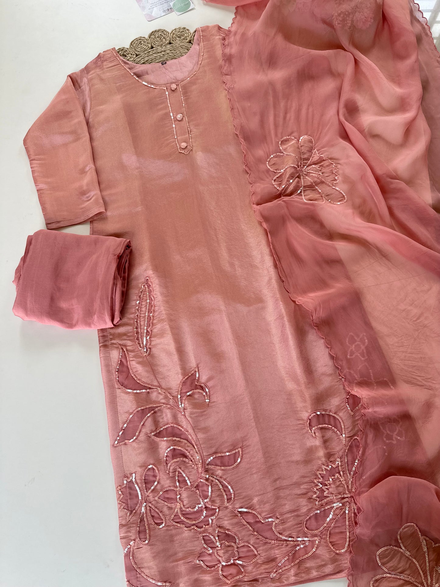 K161 - Shimmer Tissue silk straight kurti with straight pants and organza dupatta.