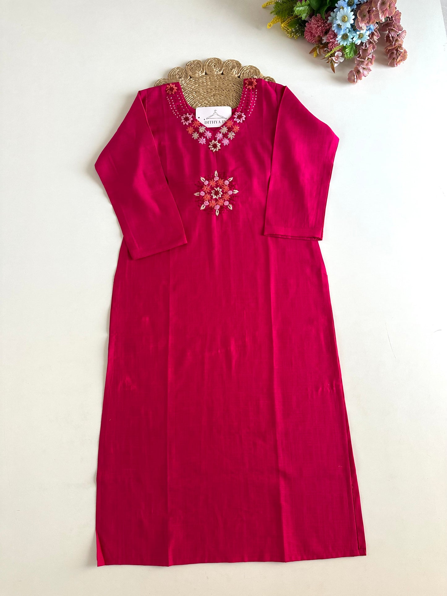 K476 - Muslin cotton embroidered straight Kurti