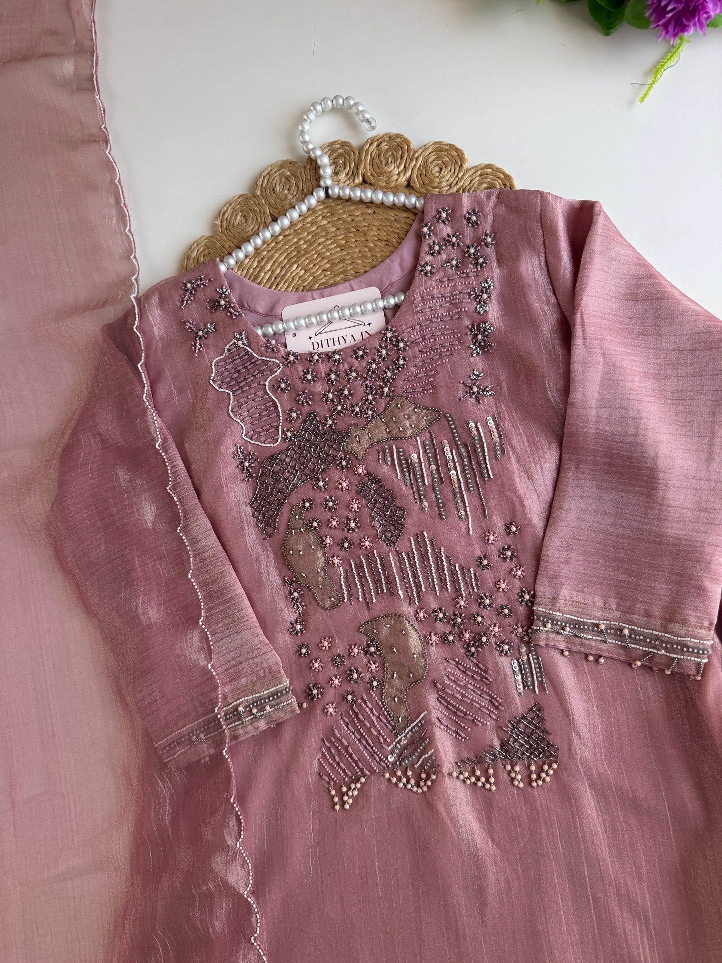 K544 - Crush tissue handwork Aline Kurti with divider pants and dupatta