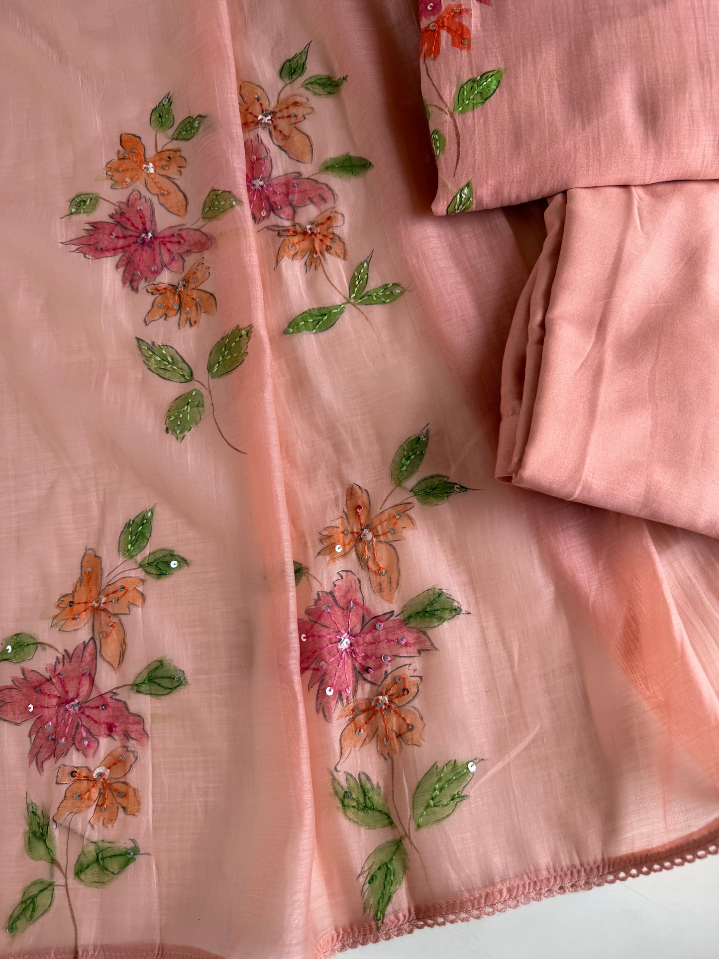 K355 - Mul Chanderi hand painted embroidered Aline Kurti with pants and dupatta in 3 colours