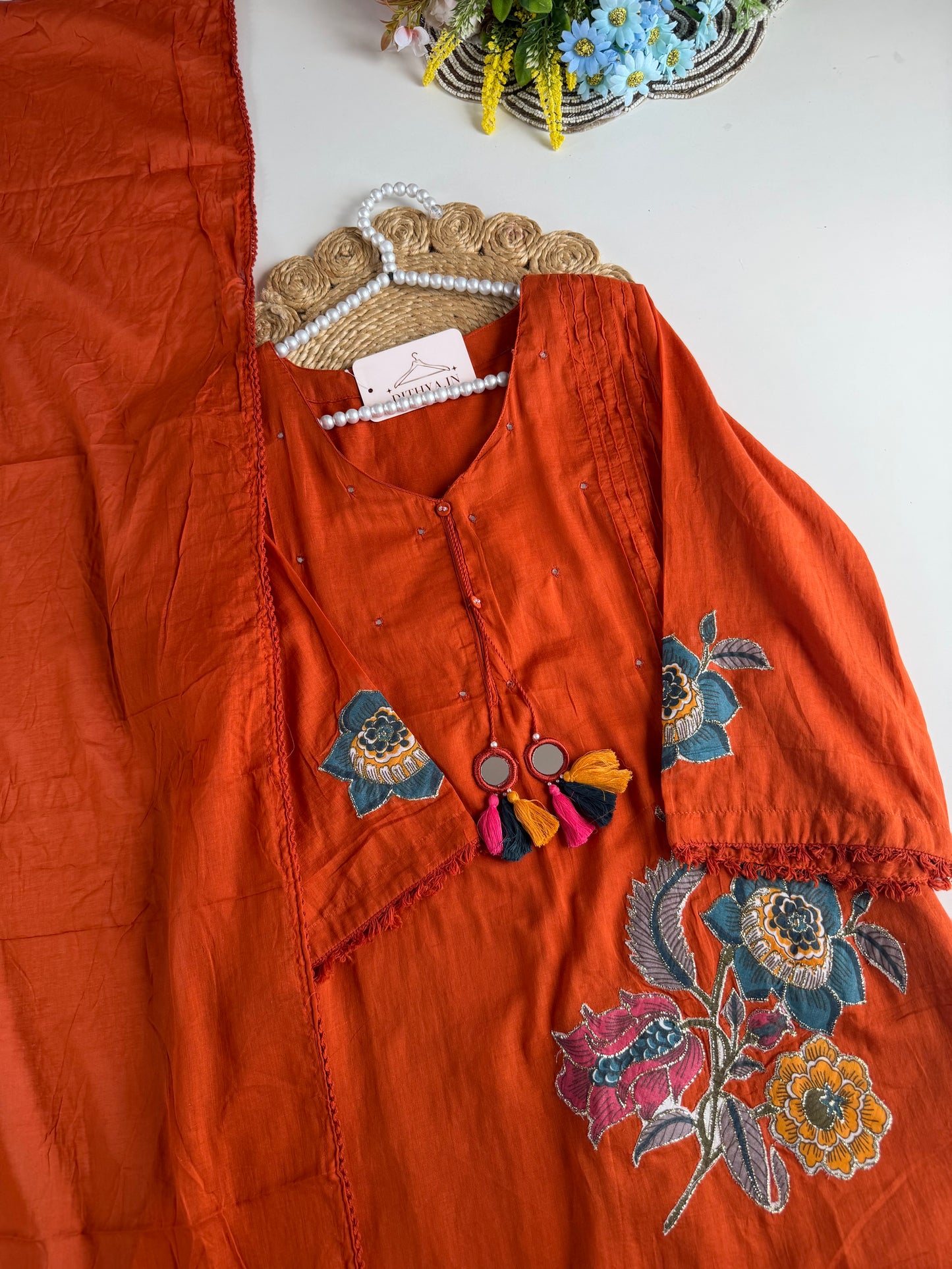 K686 - Cotton appliqué Aline Kurti with pants and dupatta