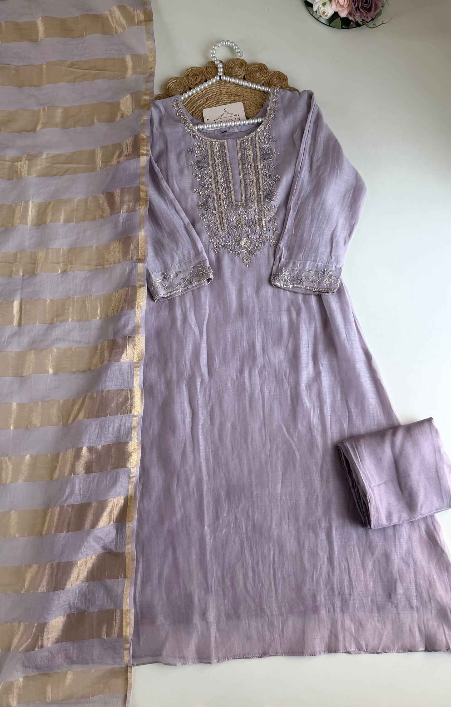 K493 - Mul chanderi handwork aline Kurti with pants and dupatta
