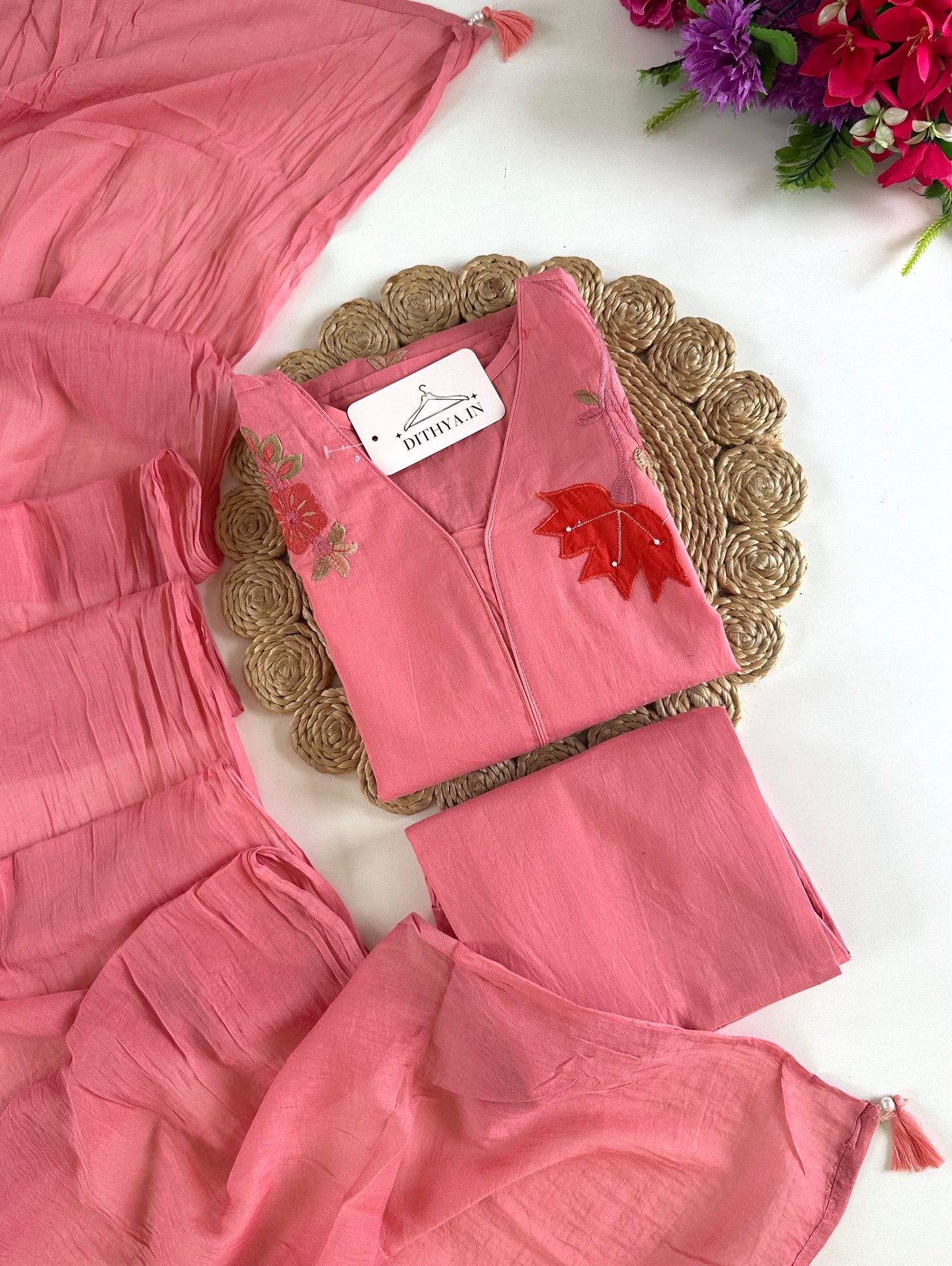 K388 - Mul cotton appliqué Aline Kurti with pants and dupatta