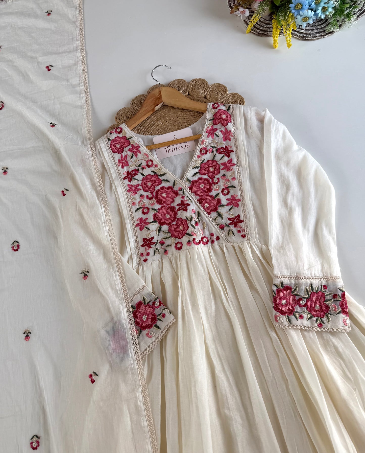 K476 - Mul Mul cotton embroidered Anarkali with pants and dupatta in 2 colours