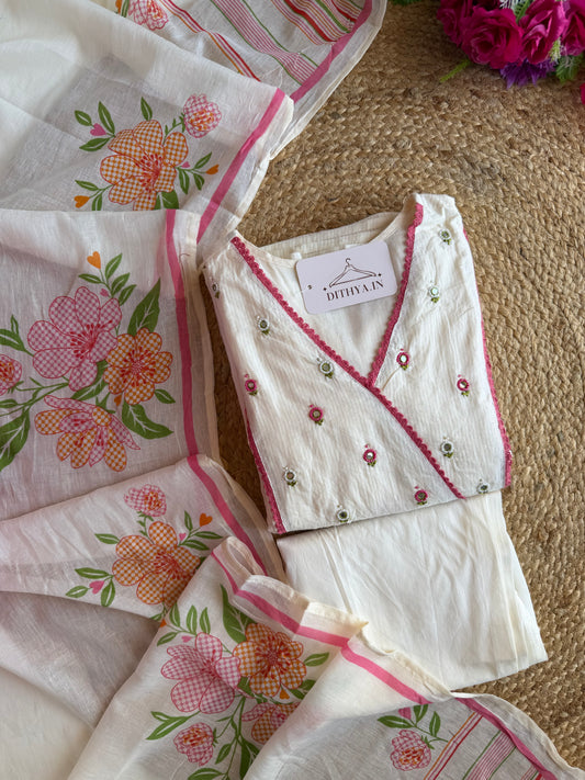 K574 - Mul cotton embroidered Anarkali with pants and dupatta