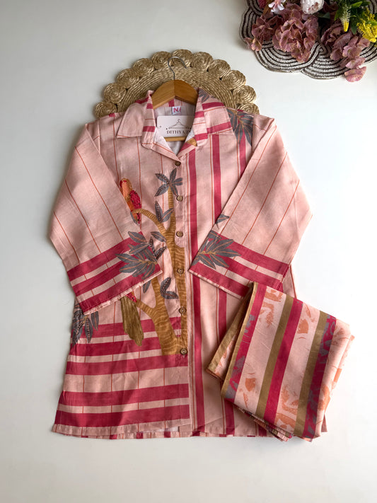 K030 - Muslin silk floral embroidered coord set