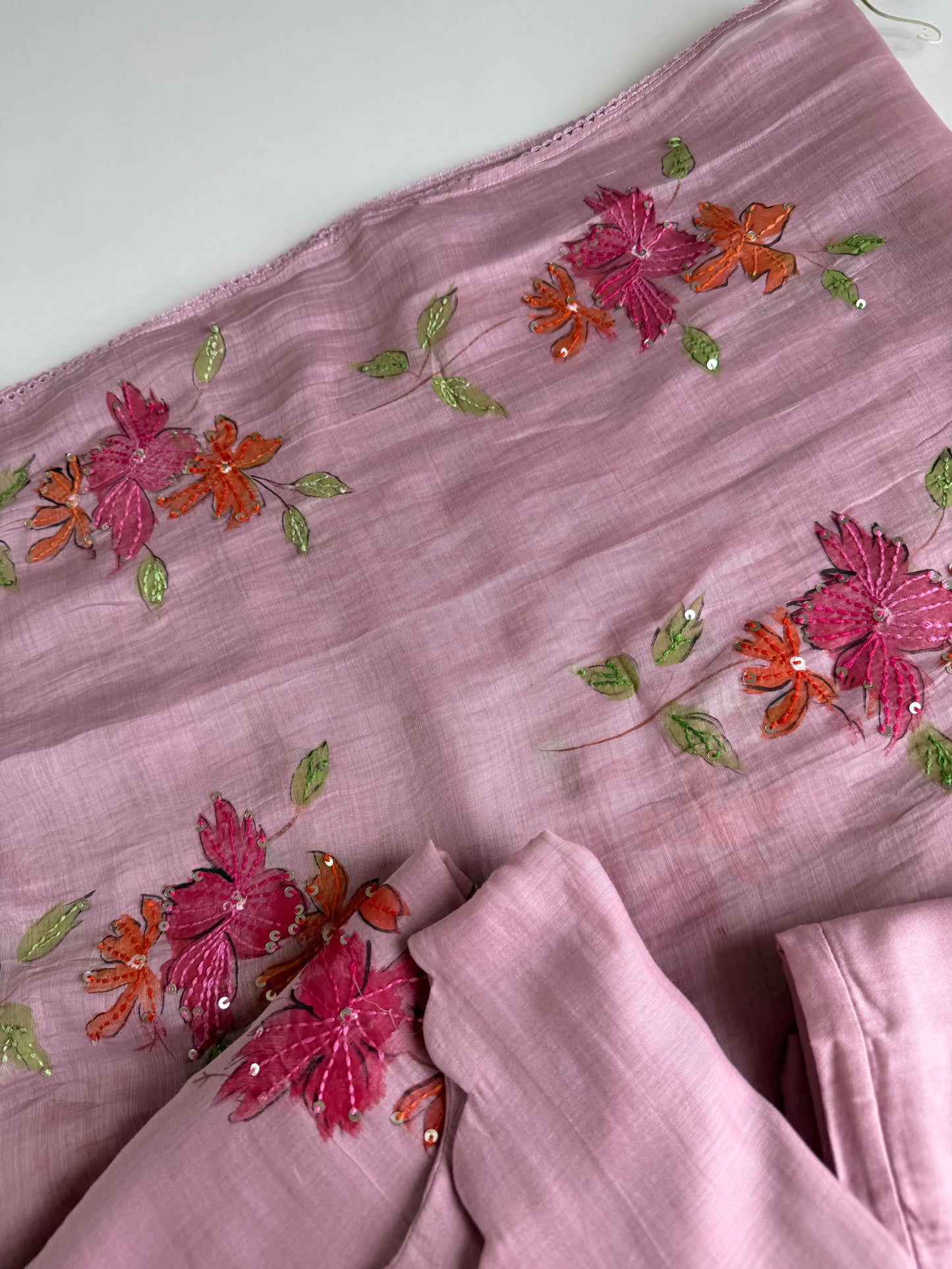 K355 - Mul Chanderi hand painted embroidered Aline Kurti with pants and dupatta in 3 colours