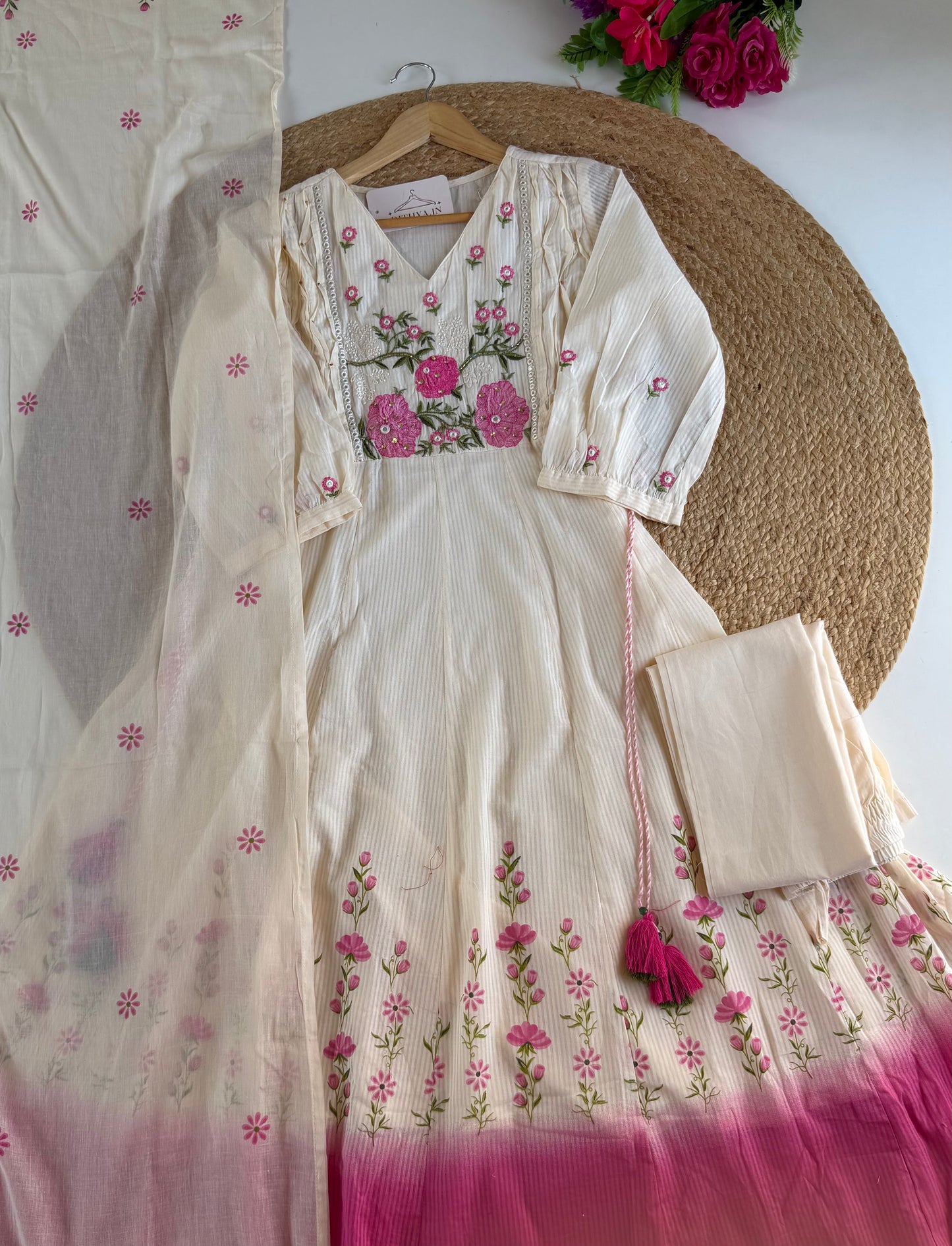 K659 - Mulmul cotton embroidered Anarkali with pants and dupatta