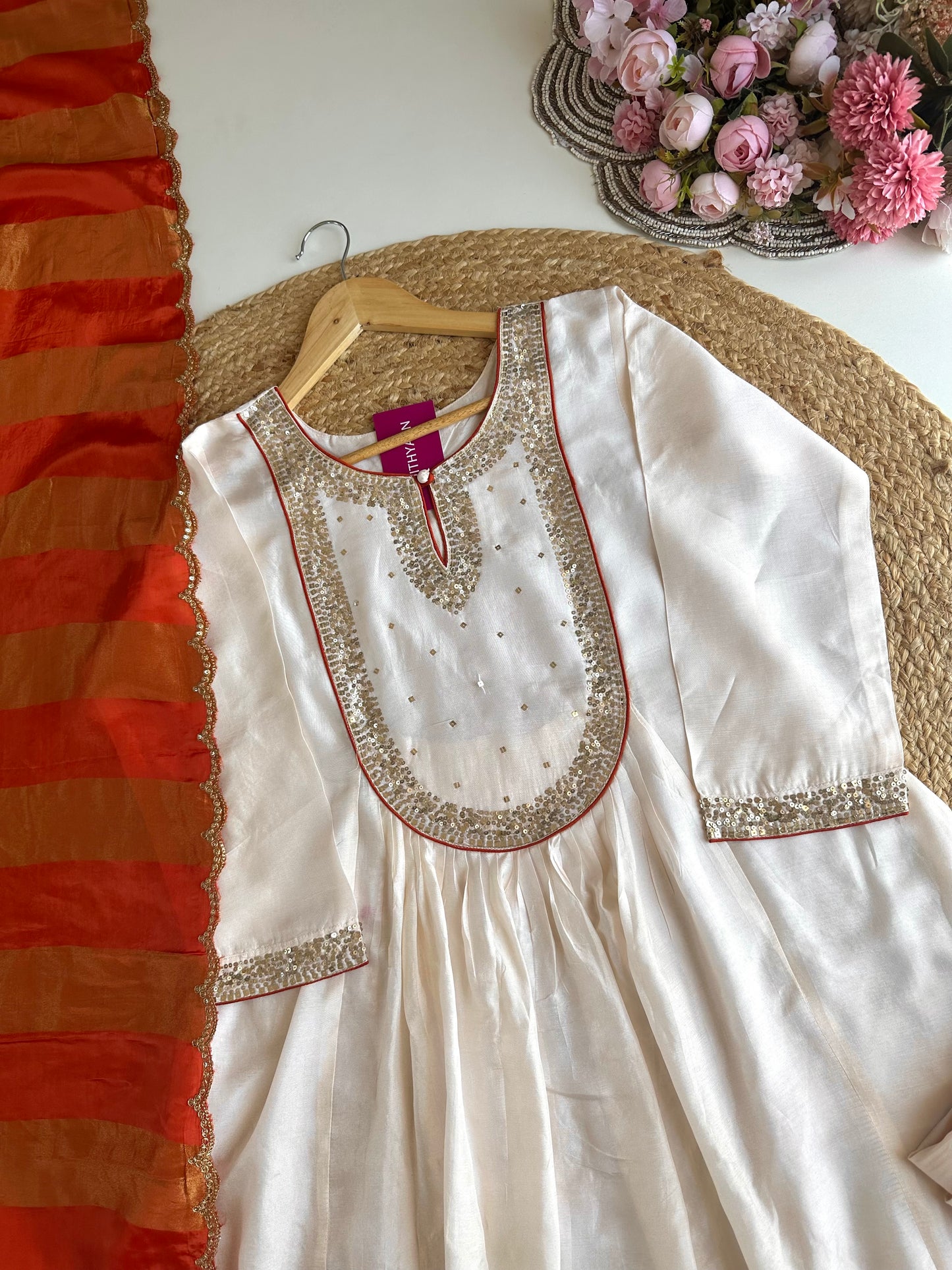 K141 - Russian silk sequins work Aline Kurti with pants and dupatta in 2 colours