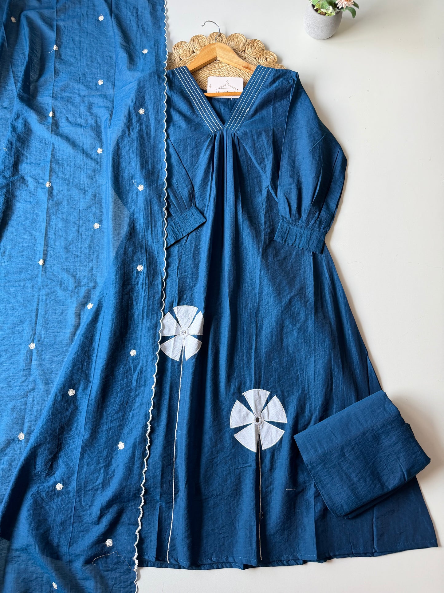 K684 - Muslin silk embroidered Aline Kurti with pants and dupatta
