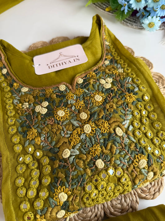 K604 - Mul chanderi embroidered Aline Kurti with pants and dupatta