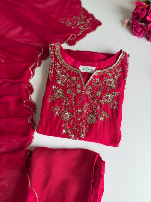 K625 - Mul chanderi handwork aline Kurti with pants and dupatta