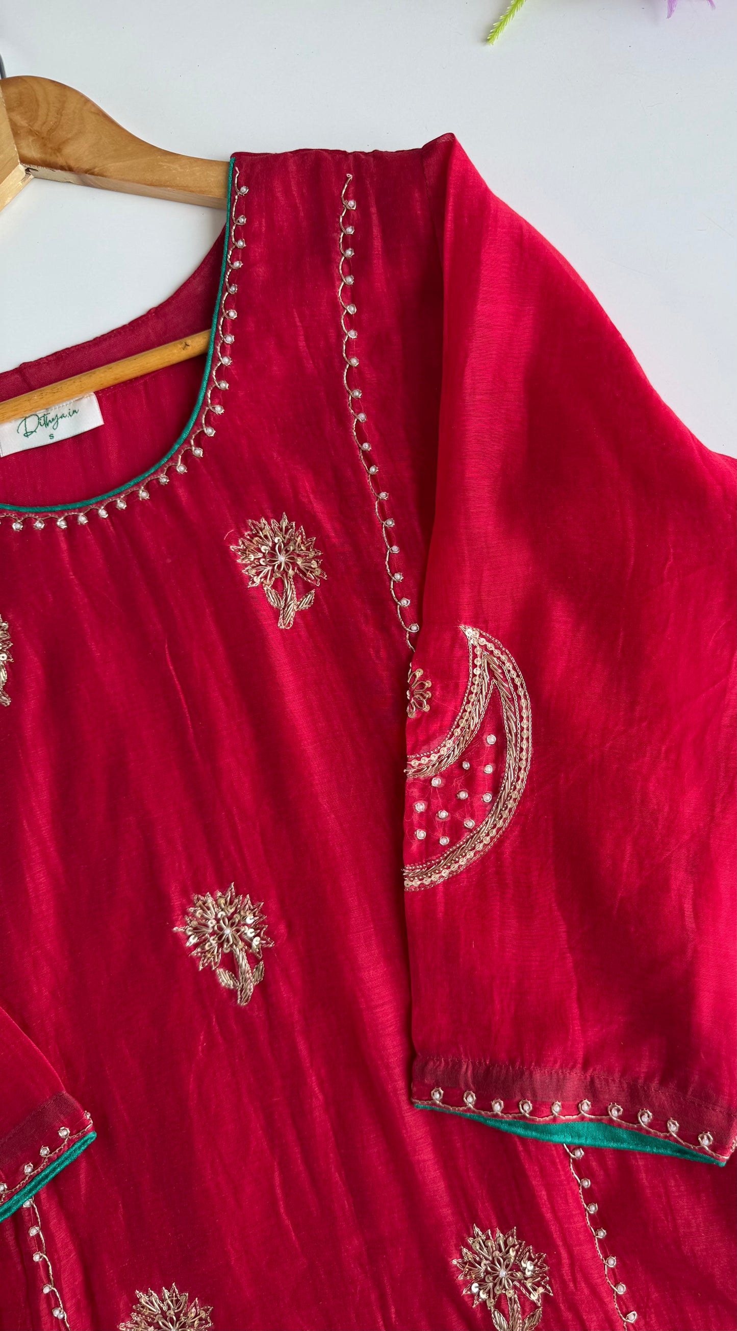 K050 - Mul chanderi handwork aline Kurti with pants and dupatta