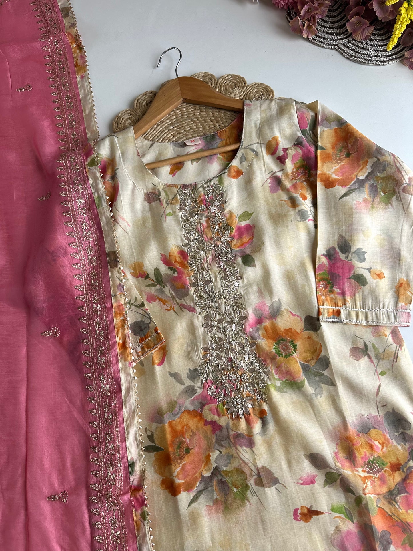 K476 - Roman silk zari work straight Kurti with pants and dupatta
