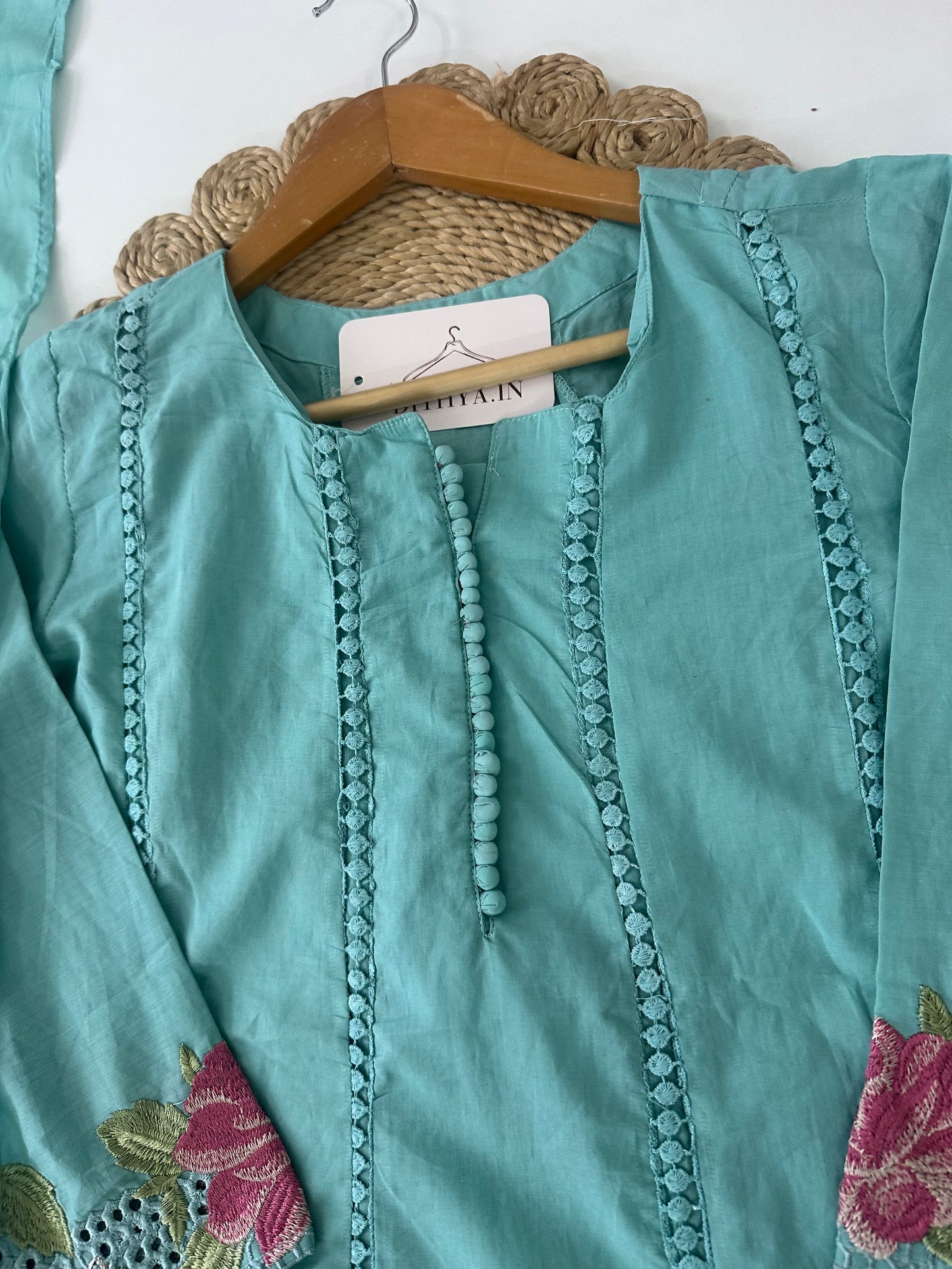 K223 - Mul cotton embroidered Aline Kurti with pants and dupatta